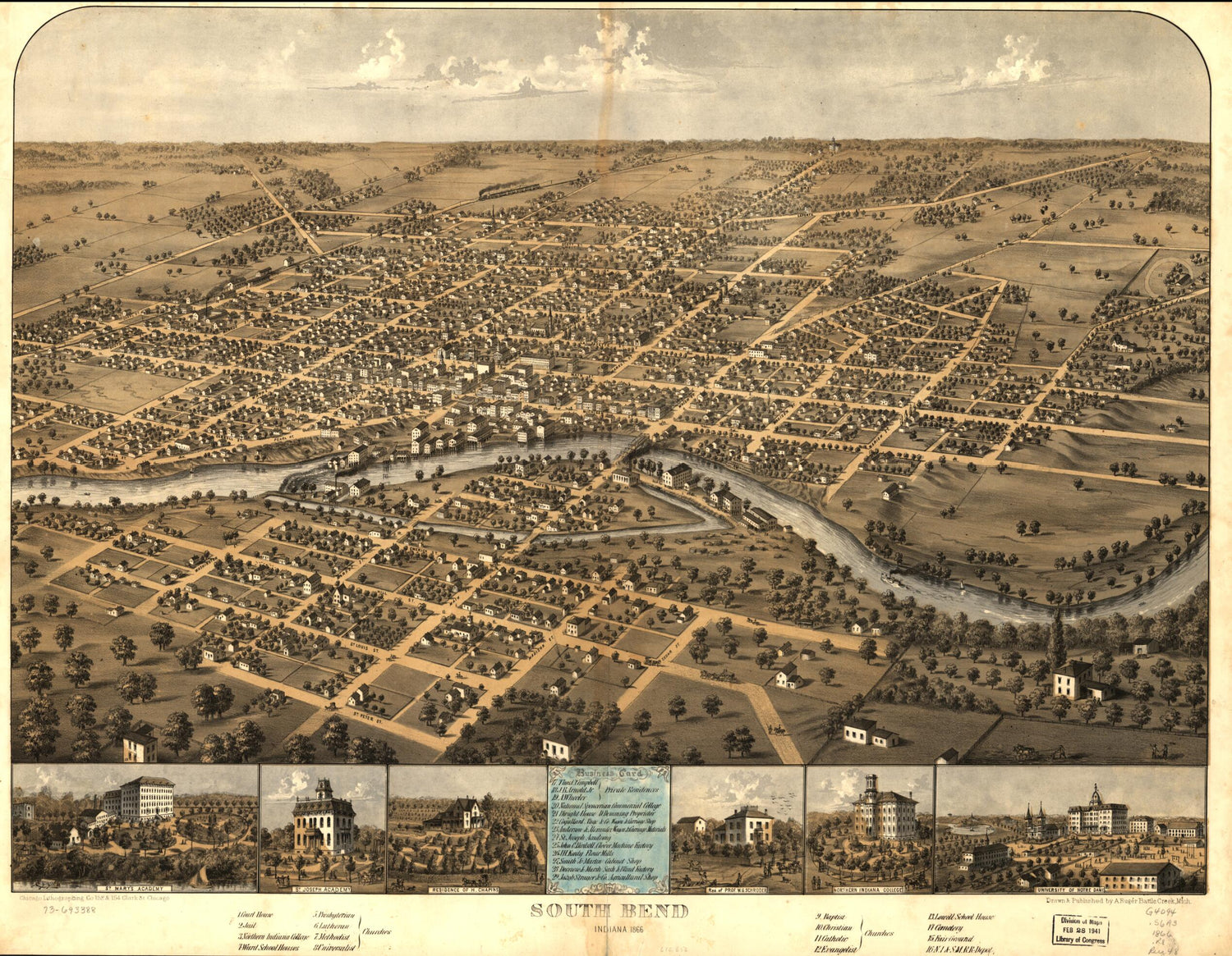 This old map of South Bend, Indiana from 1866 was created by  Chicago Lithographing Co, A. Ruger in 1866