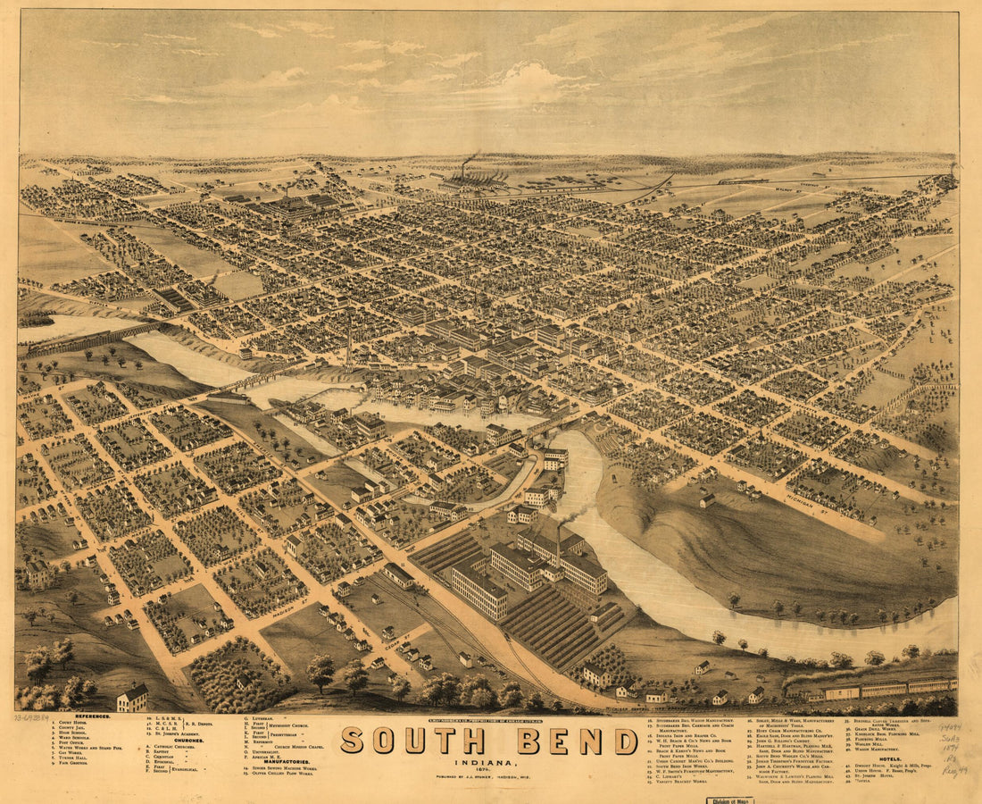 This old map of South Bend, Indiana from 1874 was created by  Charles Shober &amp; Co,  Chicago Lithographing Co, A. Ruger, J. J. Stoner in 1874