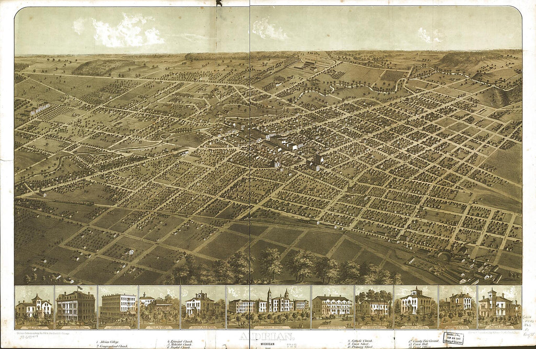 This old map of Adrian, Michigan from 1866 was created by  Chicago Lithographing Co, A. Ruger in 1866