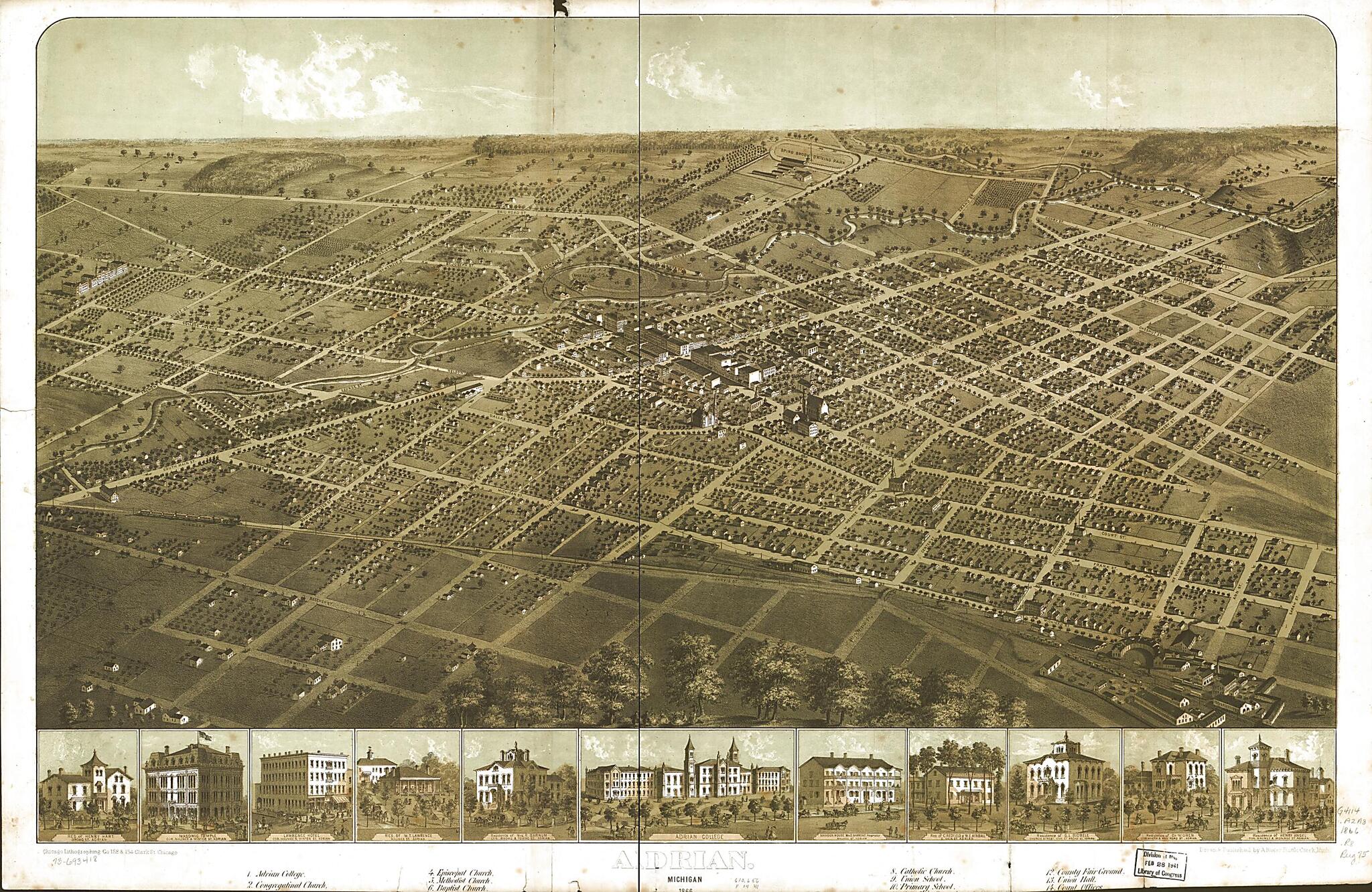 This old map of Adrian, Michigan from 1866 was created by  Chicago Lithographing Co, A. Ruger in 1866