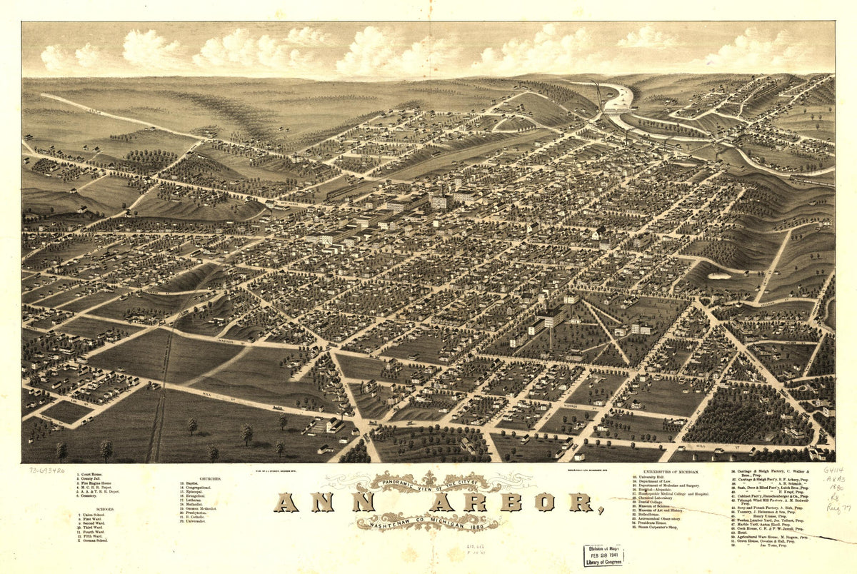 Panoramic View of the City of Ann Arbor, Washtenaw County, Michigan 1880 by Relic Map Company