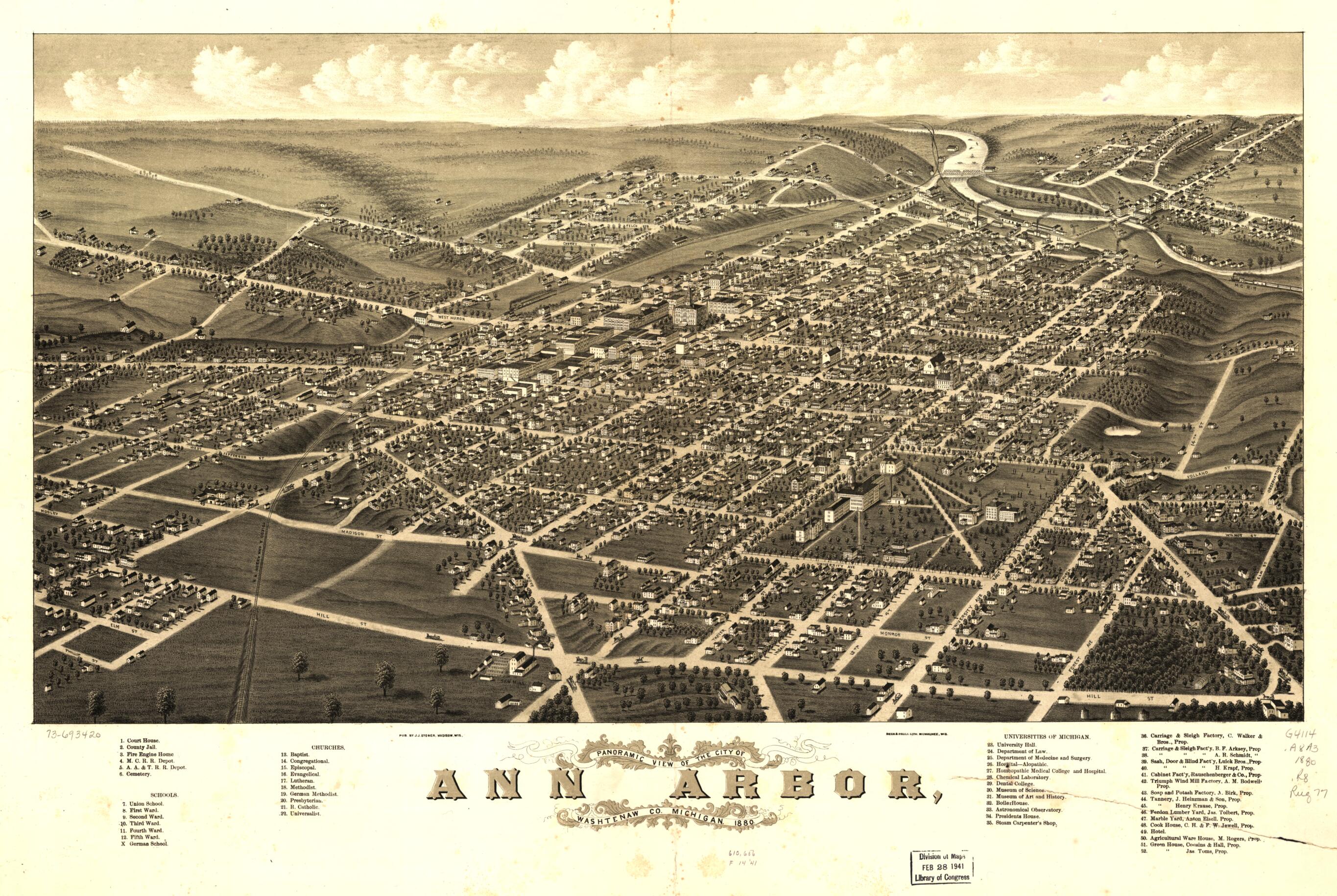 This old map of Panoramic View of the City of Ann Arbor, Washtenaw County, Michigan from 1880 was created by  Beck &amp; Pauli, A. Ruger, J. J. Stoner in 1880