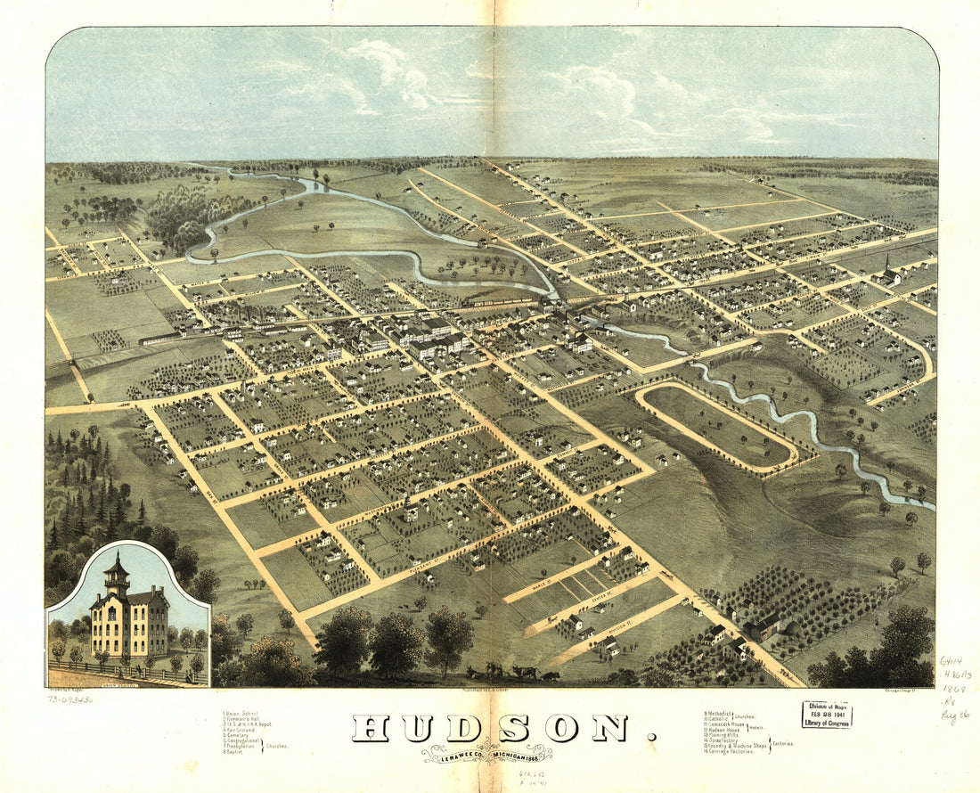 This old map of Hudson, Lenawee County, Michigan from 1868 was created by  Chicago Lithographing Co, E. S. (Eli Sheldon) Glover, A. Ruger in 1868