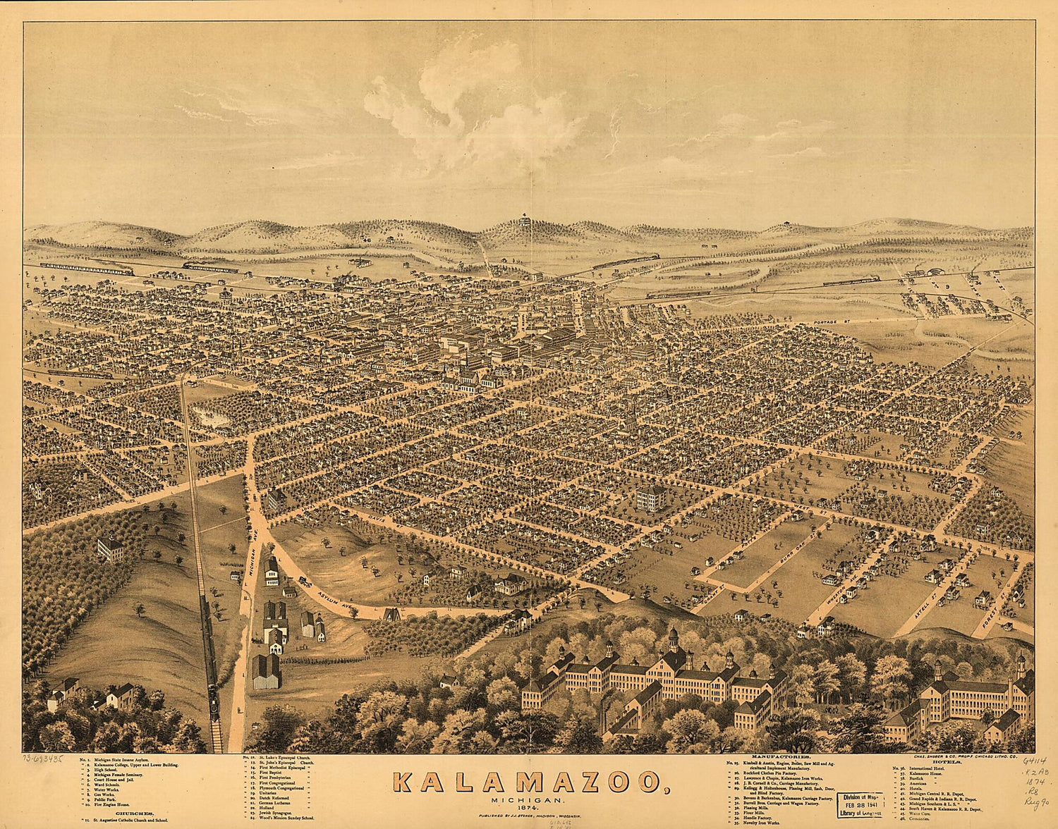 This old map of Kalamazoo, Michigan from 1874 was created by  Charles Shober &amp; Co,  Chicago Lithographing Co, A. Ruger, J. J. Stoner in 1874