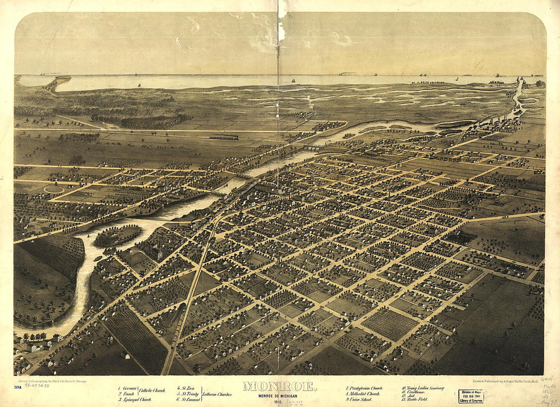 This old map of Monroe, Monroe County, Michigan from 1866 was created by  Chicago Lithographing Co, A. Ruger in 1866