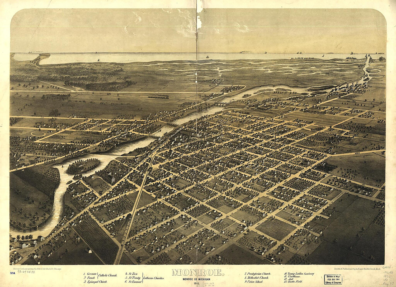 This old map of Monroe, Monroe County, Michigan from 1866 was created by  Chicago Lithographing Co, A. Ruger in 1866