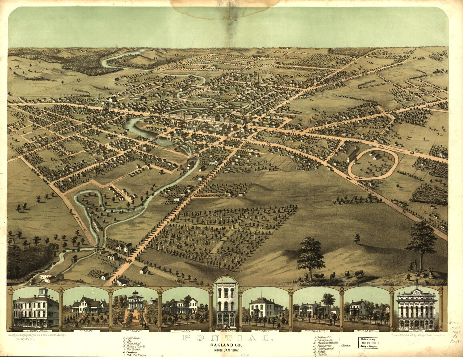 This old map of Pontiac, Oakland County, Michigan from 1867 was created by  Chicago Lithographing Co, A. Ruger in 1867