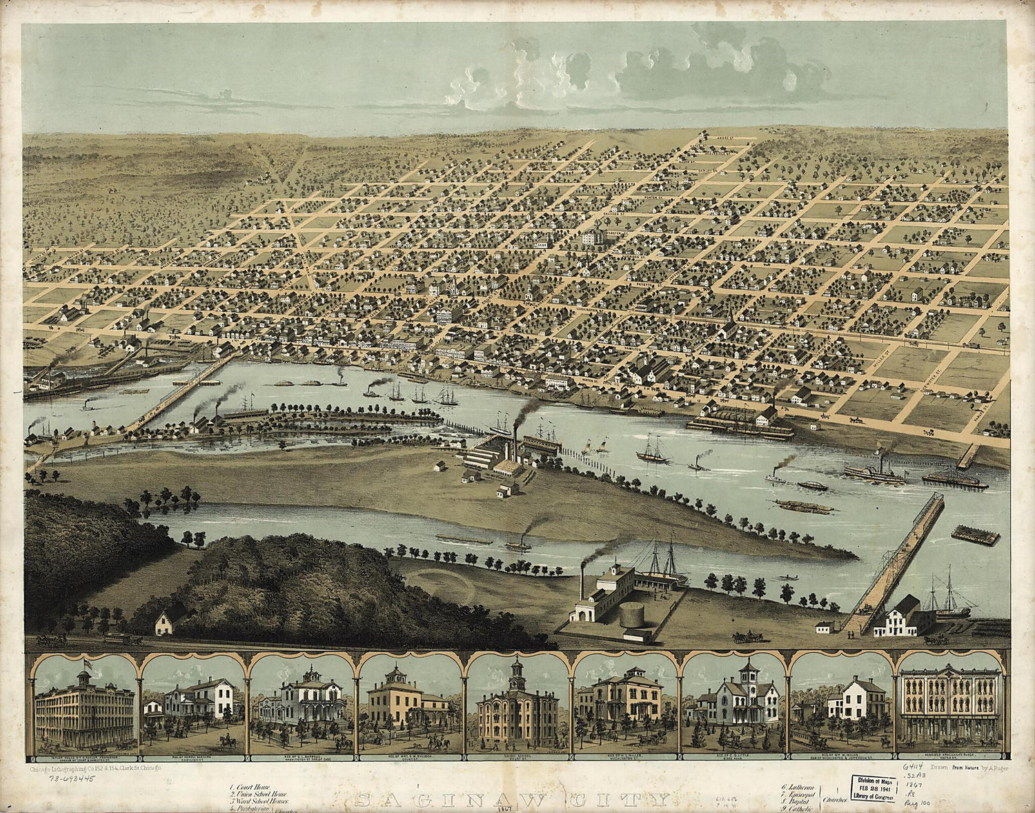 This old map of Saginaw City Michigan from 1867 was created by  Chicago Lithographing Co, A. Ruger in 1867