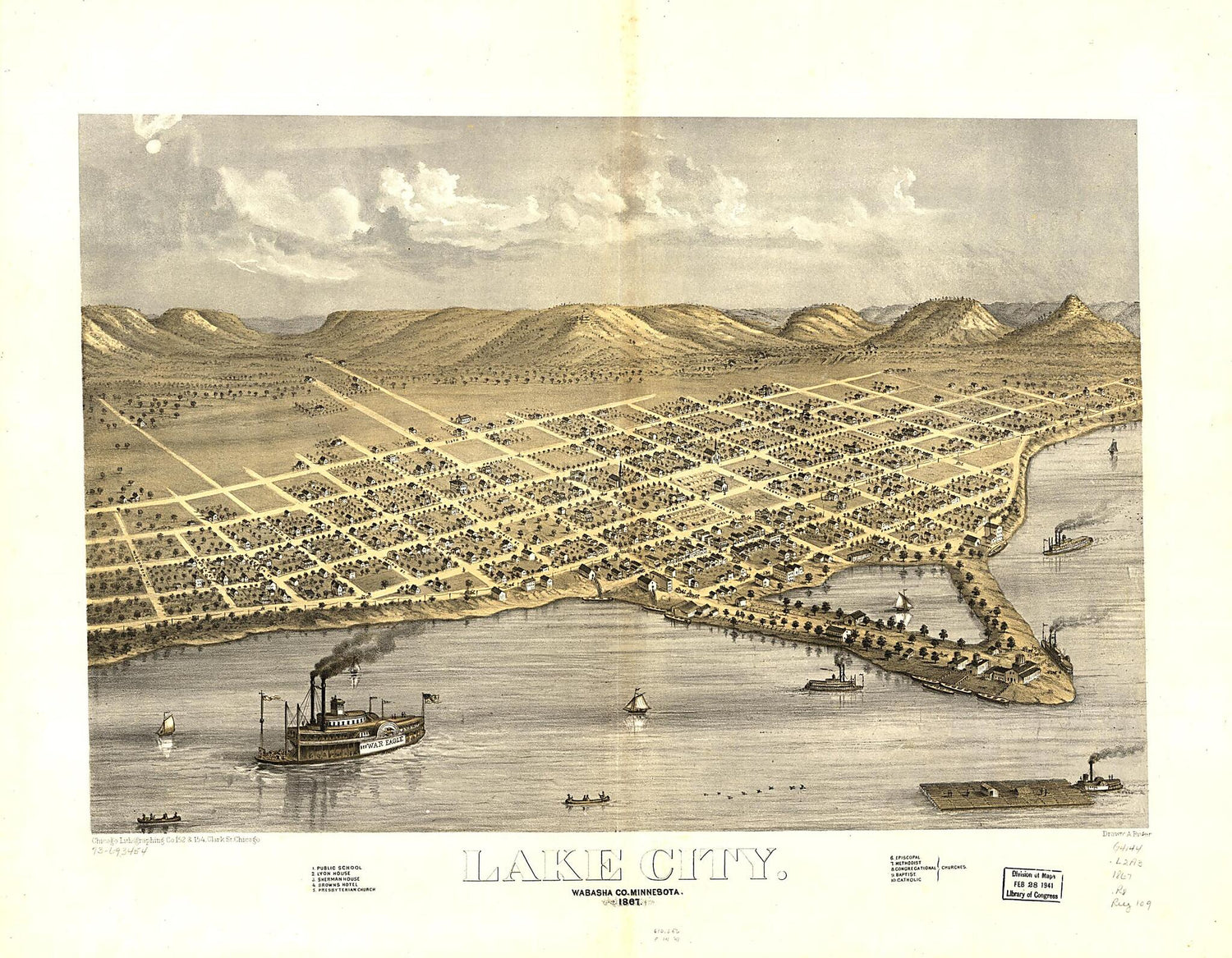 This old map of Lake City, Wabasha County, Minnesota from 1867 was created by  Chicago Lithographing Co, A. Ruger in 1867