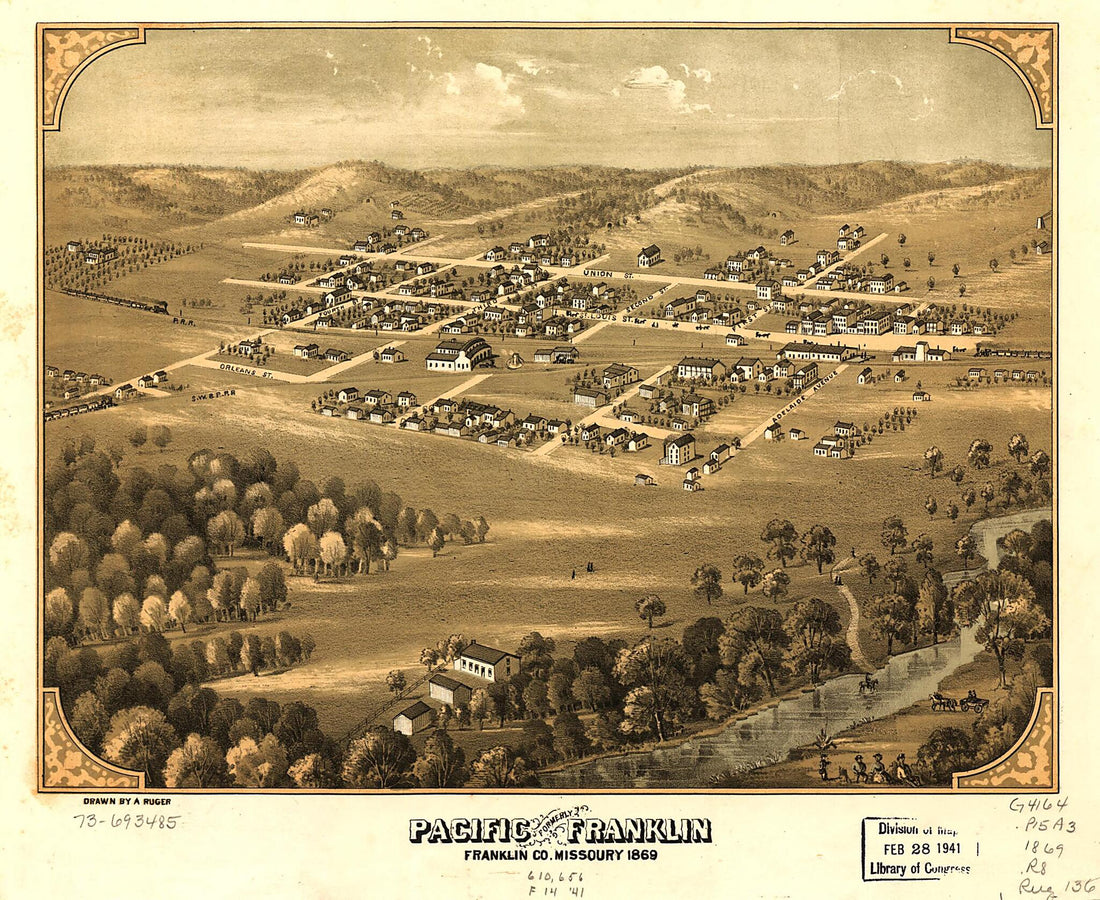 This old map of Pacific, Formerly Franklin, Franklin County, Missouri from 1869 was created by A. Ruger in 1869