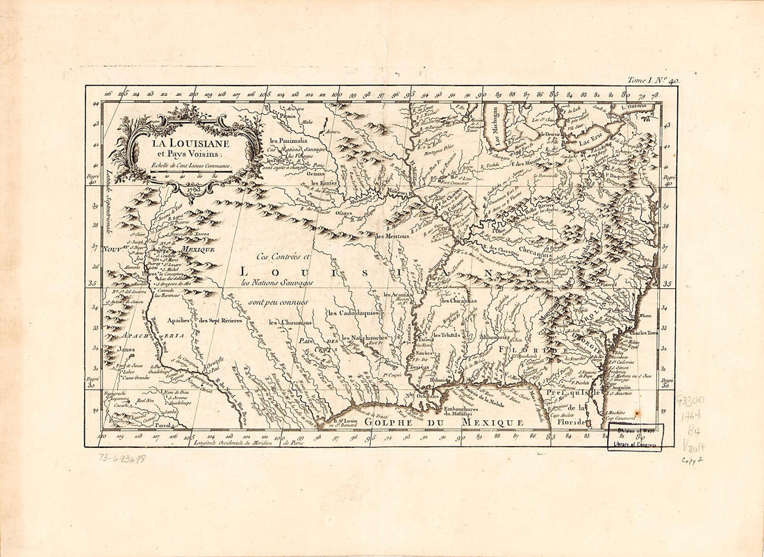 This old map of La Louisiane Et Pays Voisins from 1764 was created by Jacques Nicolas Bellin in 1764