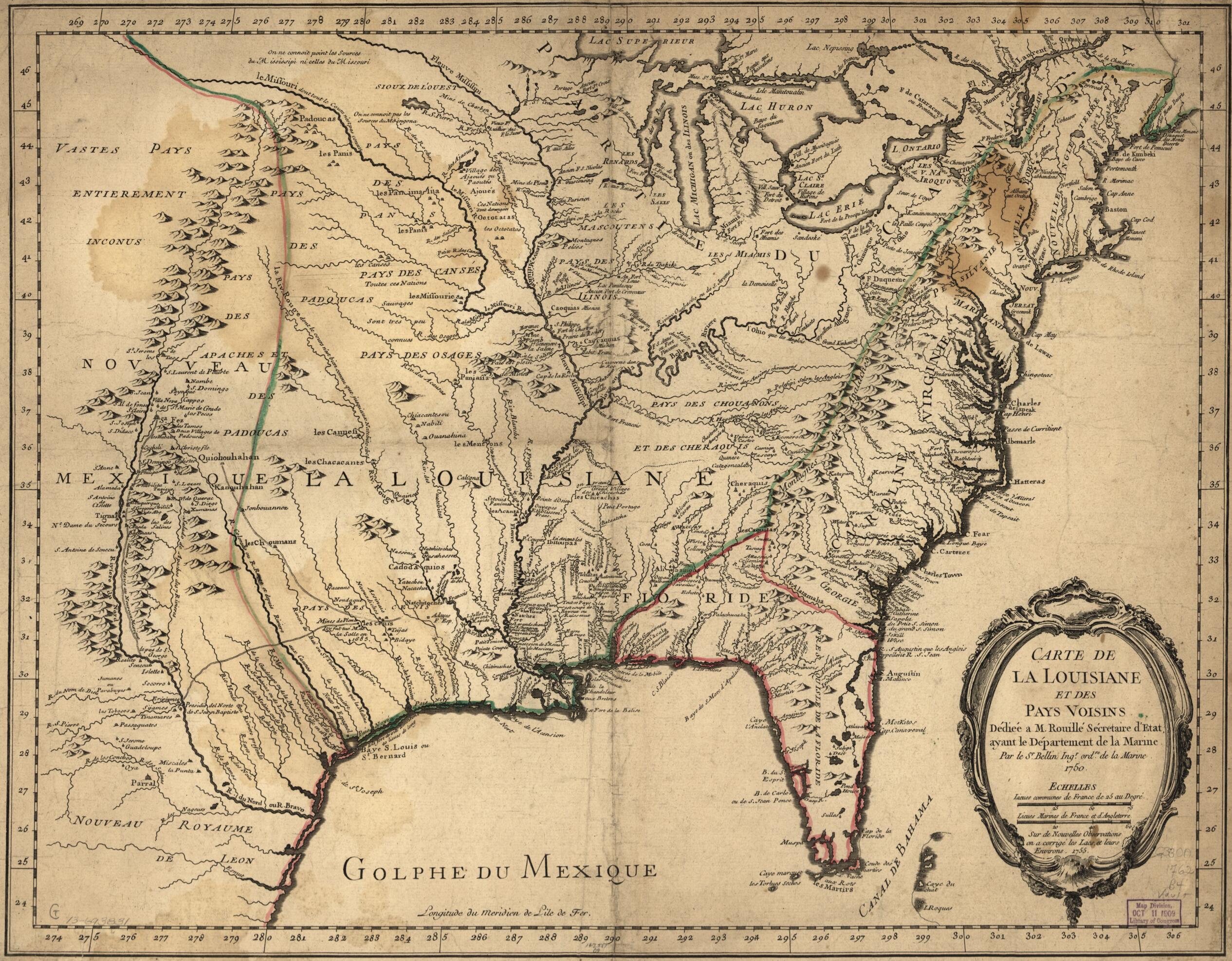 This old map of Carte De La Louisiane Et Des Pays Voisins from 1762 was created by Jacques Nicolas Bellin in 1762