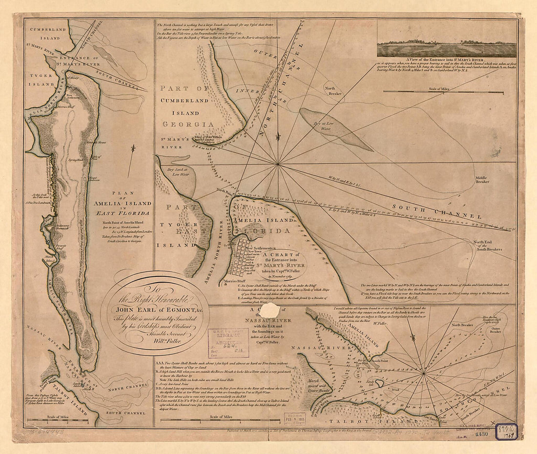 This old map of Plan of Amelia Island In East Florida, North Point of Amelia Island Lyes In 30:55 North Latitude 80:23 W. Longitude from London, Taken from De Brahm&