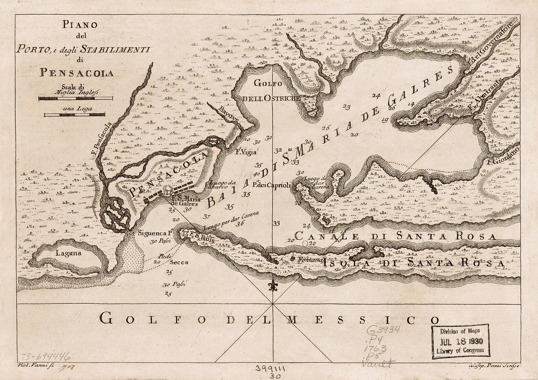 This old map of Piano Del Porto, E Degli Stabilimenti Di Pensacola from 1763 was created by Giuseppe Pazzi, Violante Vanni in 1763