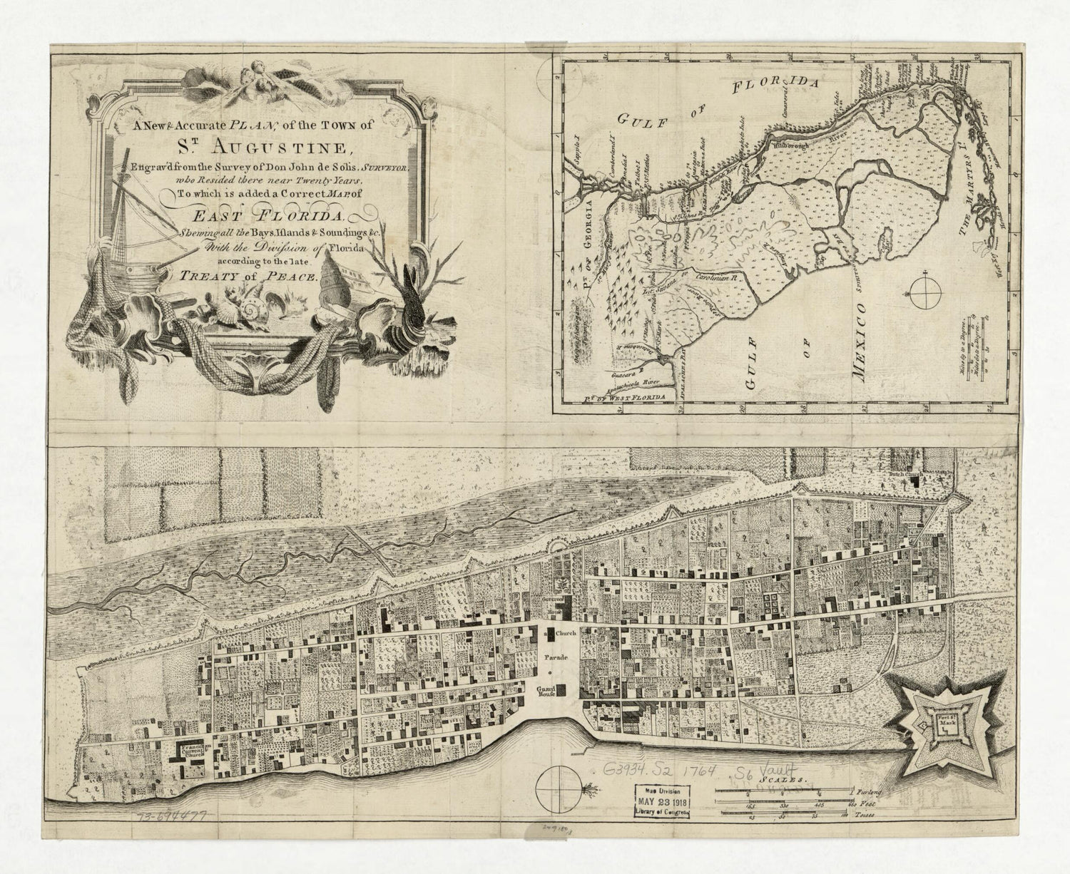 This old map of A New &amp; Accurate Plan, of the Town of St. Augustine from 1764 was created by John De Solís in 1764