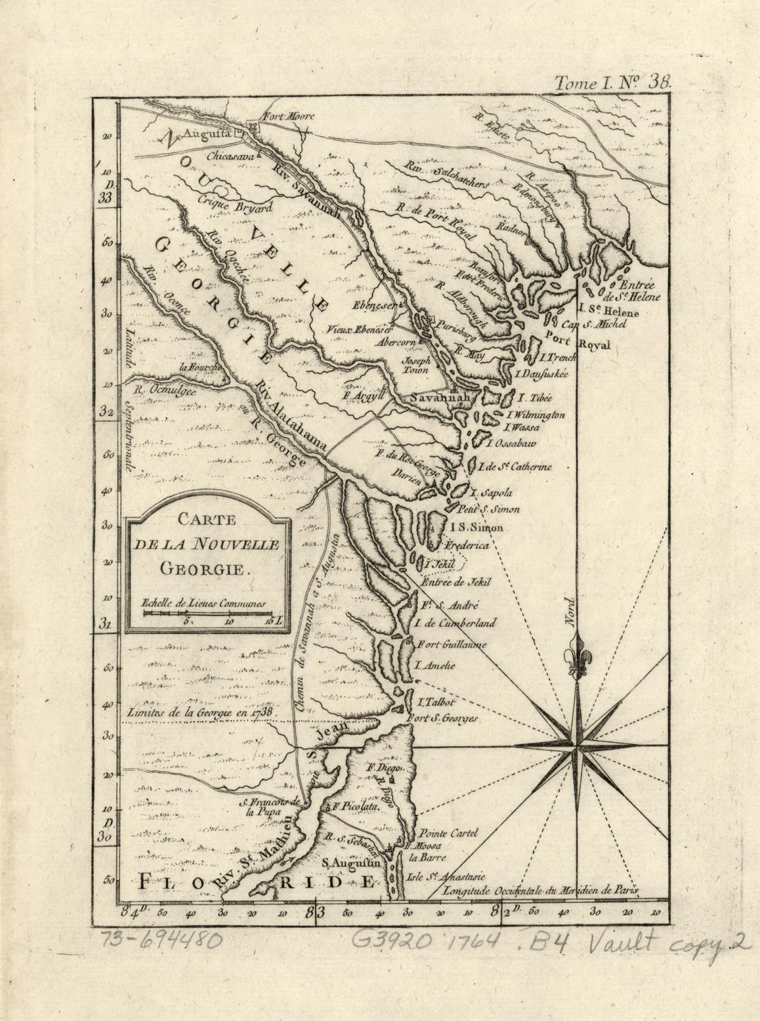 This old map of Carte De La Nouvelle Georgia from 1764 was created by Jacques Nicolas Bellin in 1764