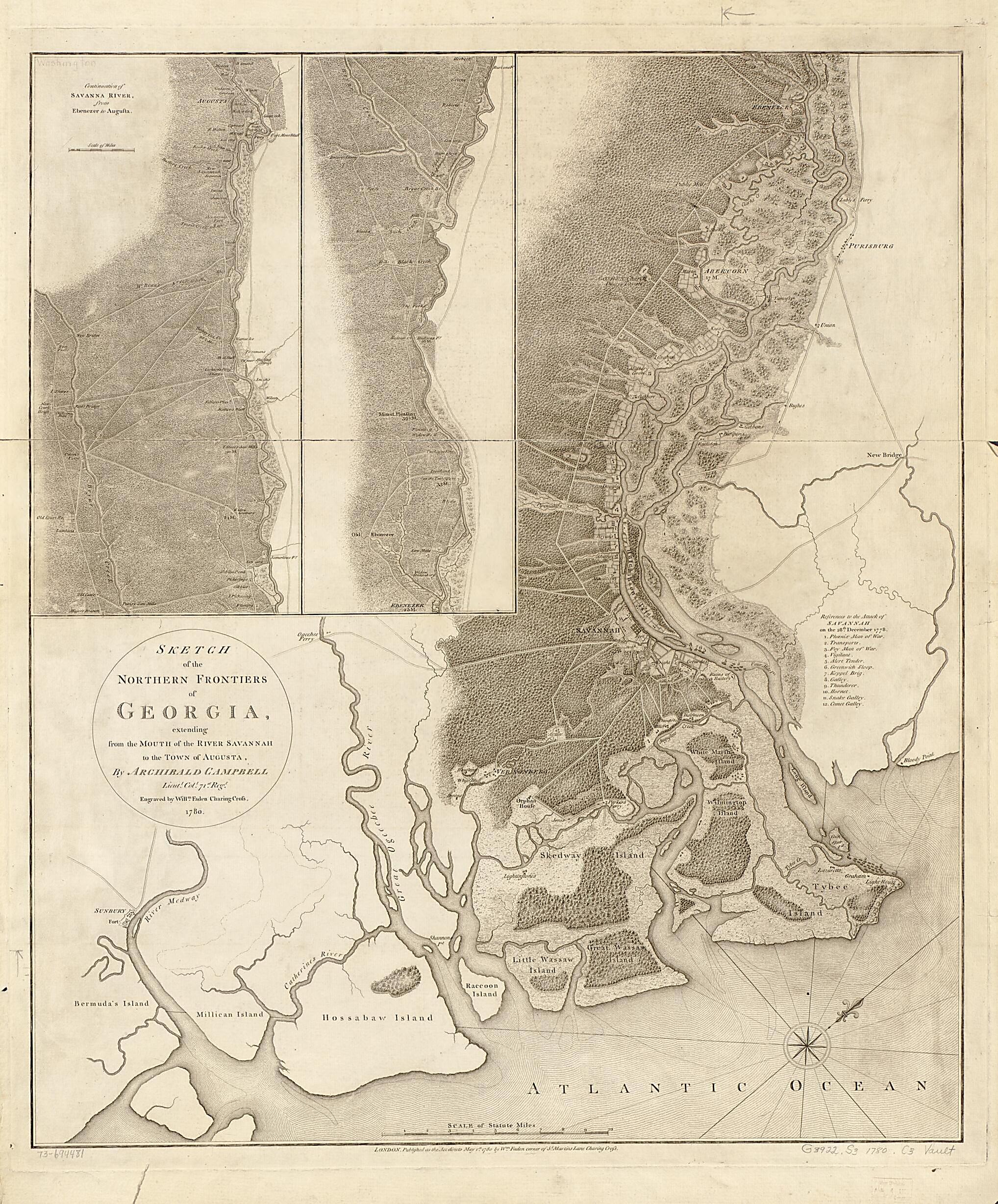 This old map of Sketch of the Northern Frontiers of Georgia, Extending from the Mouth of the River Savannah to the Town of Augusta from 1780 was created by Archibald Campbell, William Faden in 1780