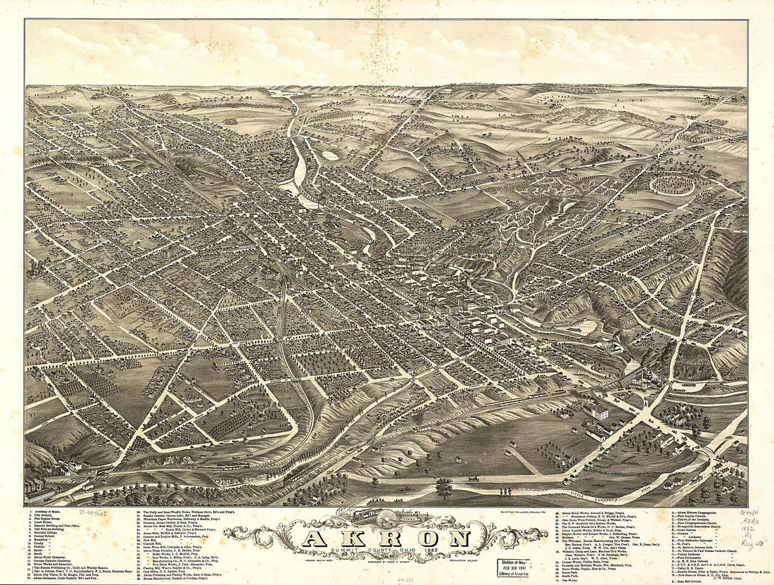 This old map of Panoramic View of the City of Akron, Summit County, Ohio from 1882 was created by  Beck &amp; Pauli,  Ruger &amp; Stoner, A. Ruger in 1882