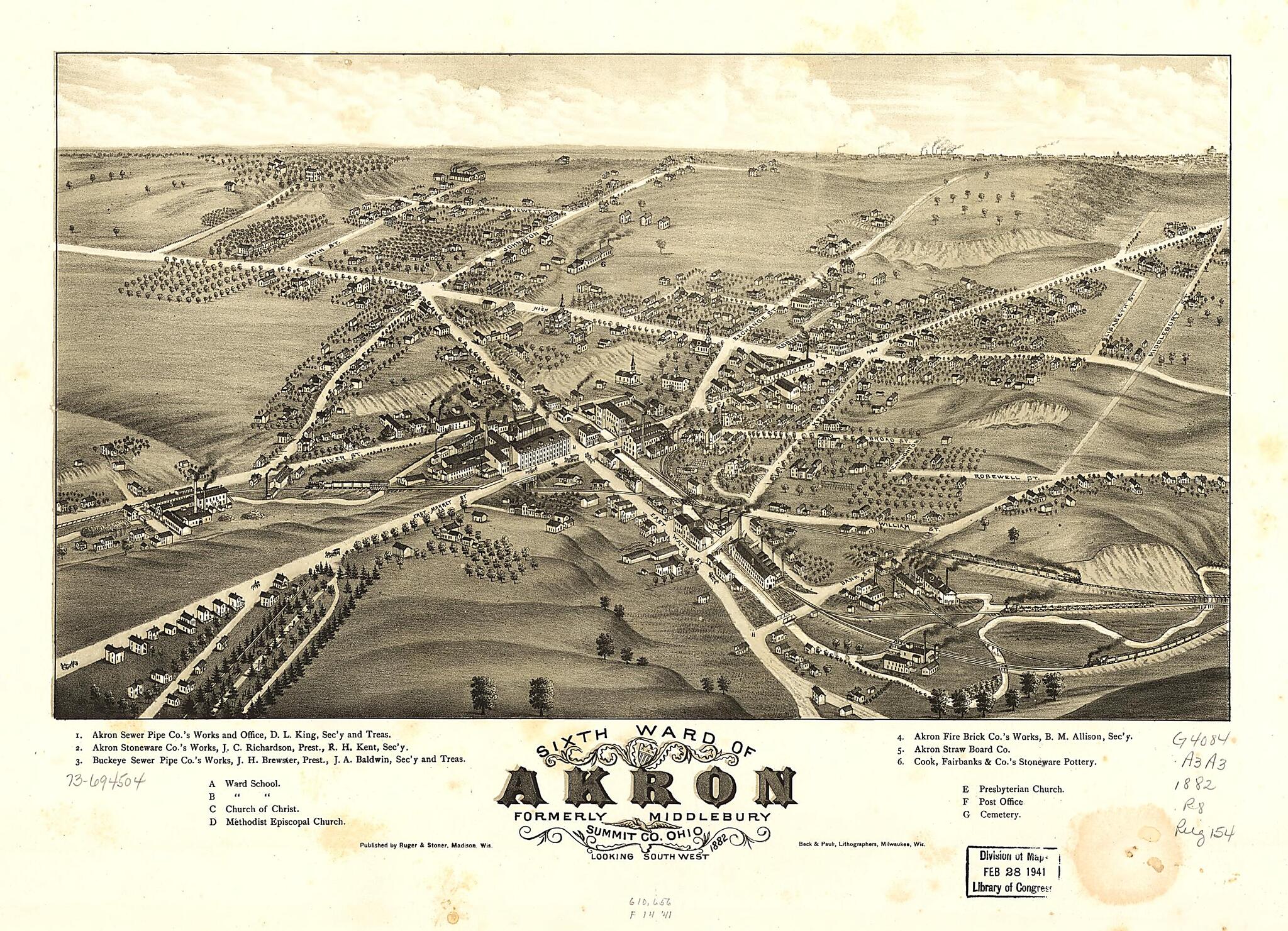 This old map of Sixth Ward of Akron, Formerly Middlebury, Summit County, Ohio from 1882 was created by  Beck &amp; Pauli,  Ruger &amp; Stoner, A. Ruger in 1882