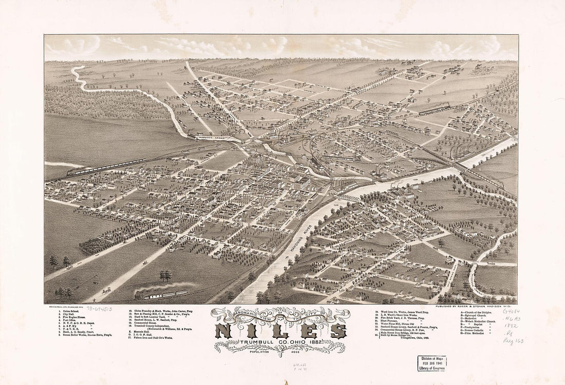 This old map of Panoramic View of the City of Niles, Trumbull County, Ohio from 1882 was created by  Beck &amp; Pauli,  Ruger &amp; Stoner, A. Ruger in 1882