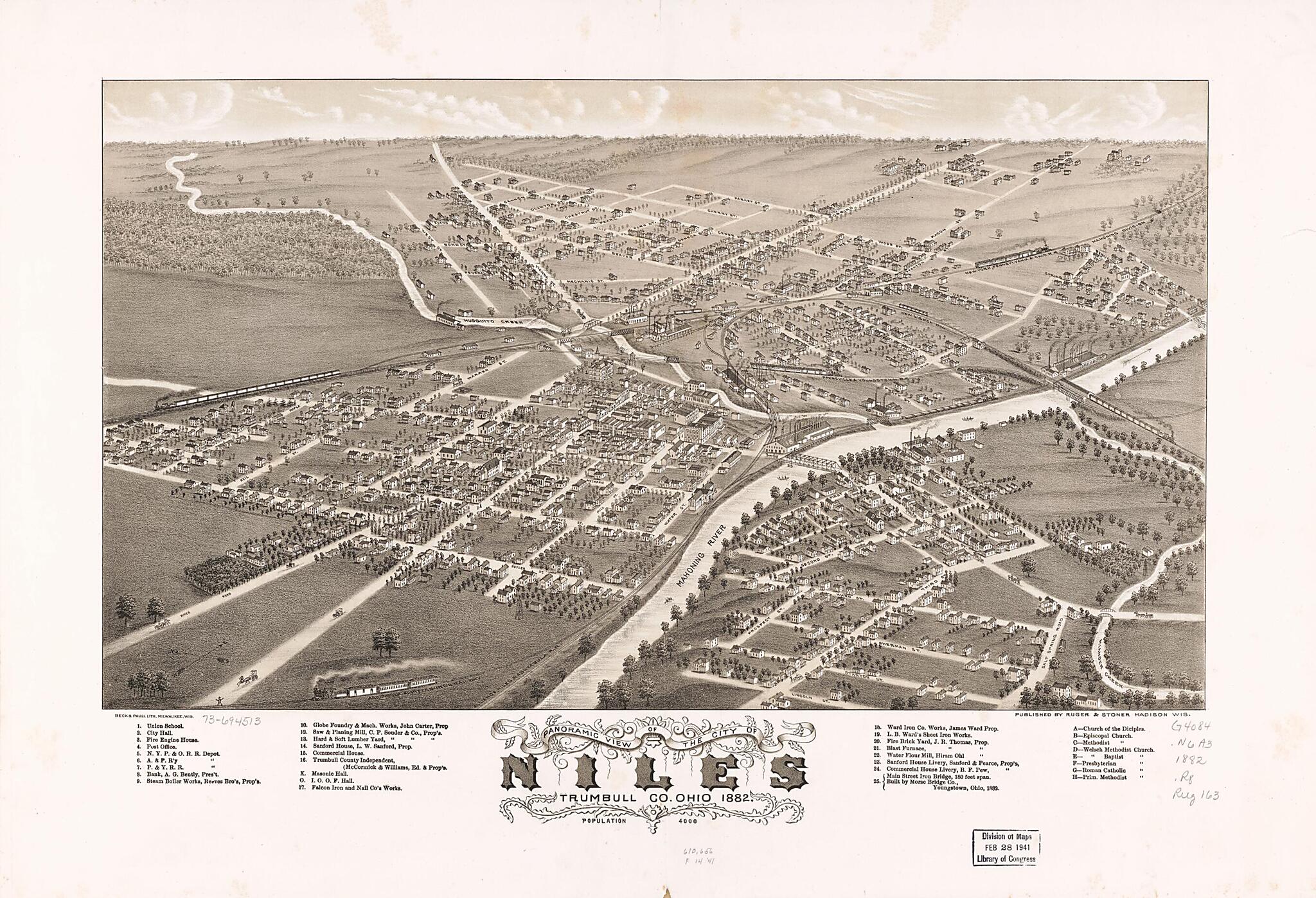 This old map of Panoramic View of the City of Niles, Trumbull County, Ohio from 1882 was created by  Beck &amp; Pauli,  Ruger &amp; Stoner, A. Ruger in 1882