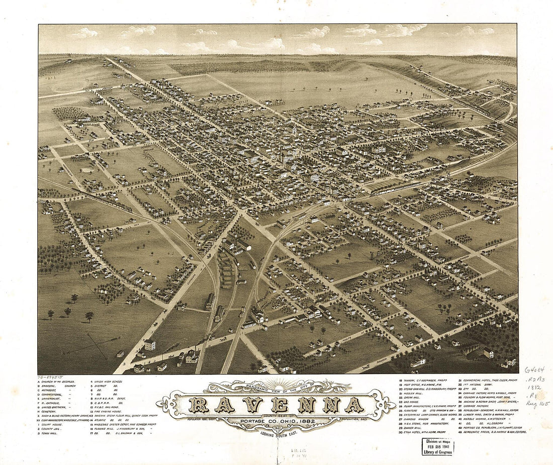 This old map of Panoramic View of the City of Ravenna, County Seat of Portage County, Ohio from 1882 was created by A. Ruger in 1882