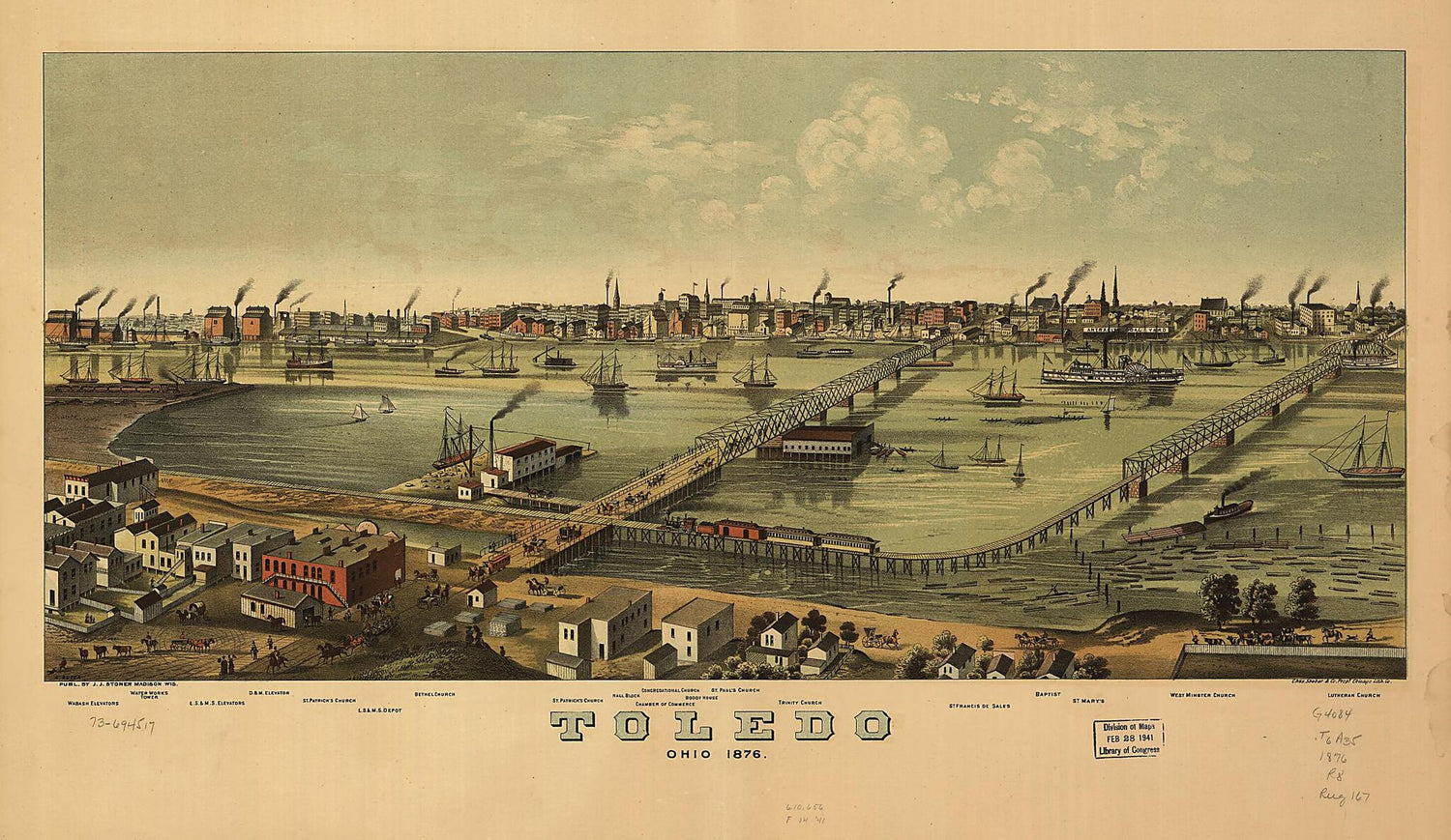 This old map of Toledo, Ohio from 1876 was created by  Charles Shober &amp; Co,  Chicago Lithographing Co, A. Ruger, J. J. Stoner in 1876