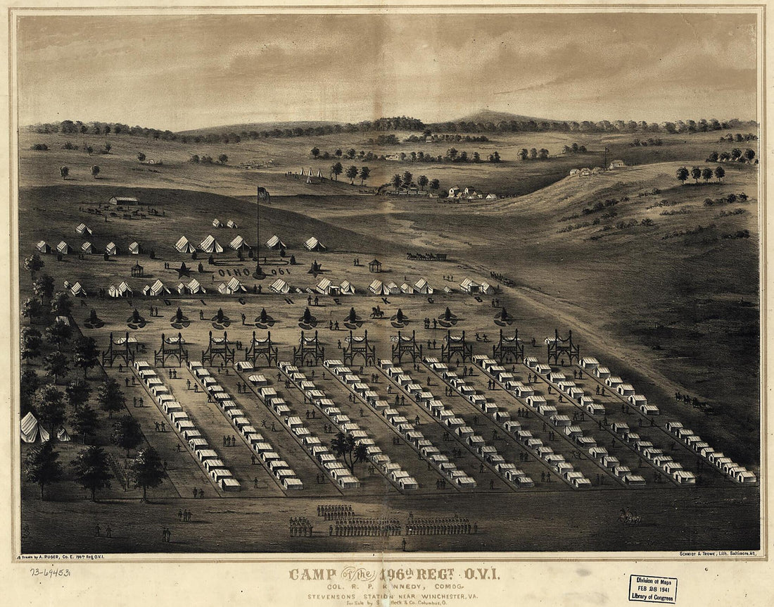 This old map of Camp of the 196th Regt. O.V.I. Col. R. P. Kennedy Comdg. Stevensons Station Near Winchester, Va from 1860 was created by A. Ruger,  Schmidt &amp; Trowe in 1860