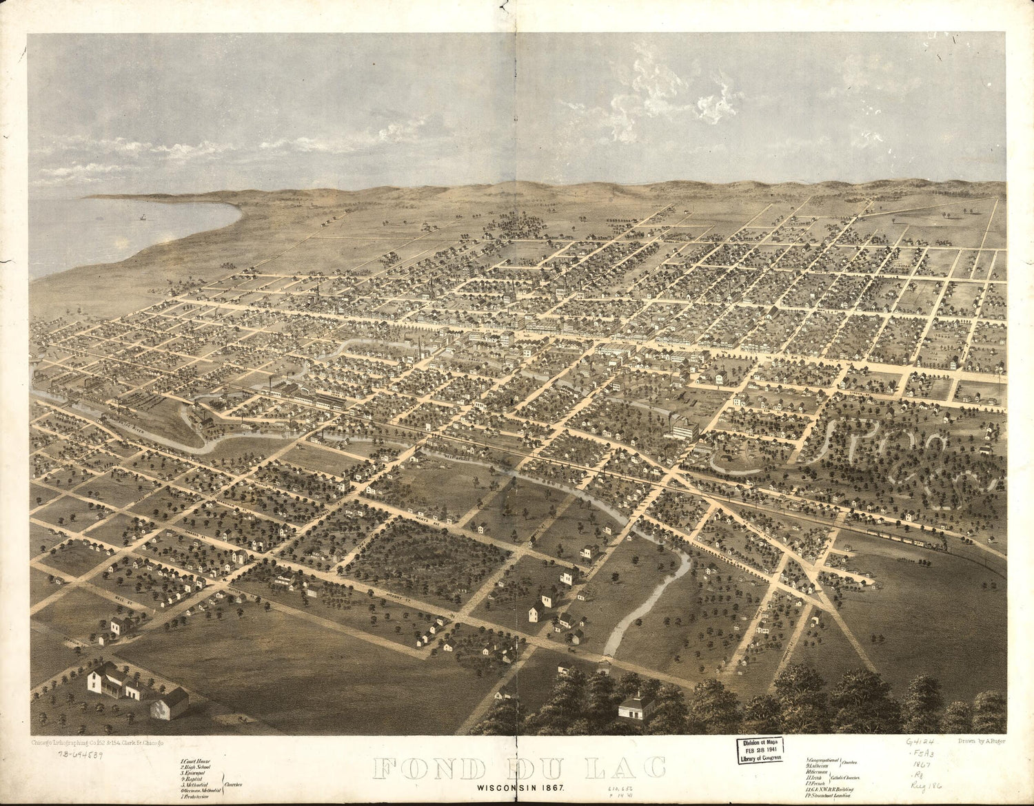 This old map of Fond Du Lac, Wisconsin from 1867 was created by  Chicago Lithographing Co, A. Ruger in 1867