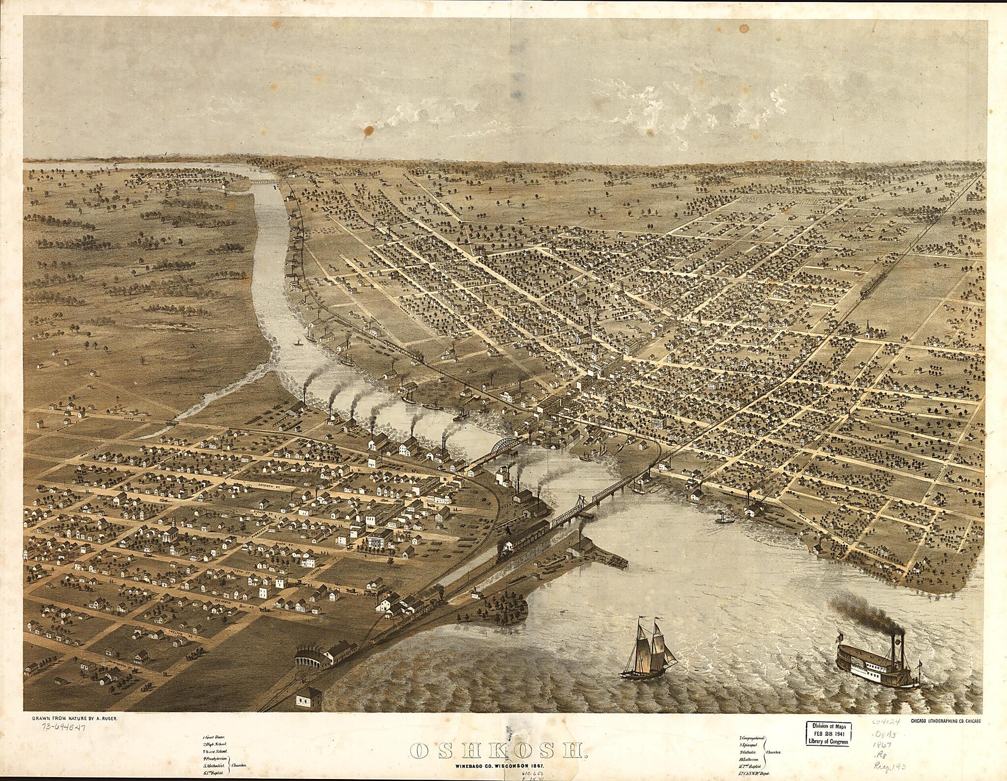 This old map of Oshkosh, Winebago County, Wisconsin from 1867 was created by  Chicago Lithographing Co, A. Ruger in 1867