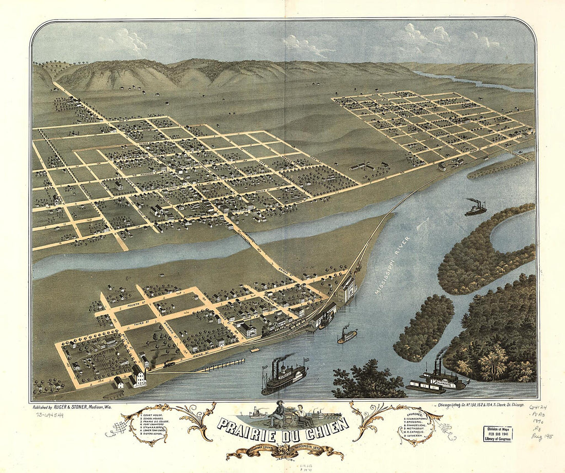 This old map of Prairie Du Chien, Crawford County, Wisconsin from 1870 was created by A.] [Ruger,  Chicago Lithographing Co,  Ruger &amp; Stoner in 1870