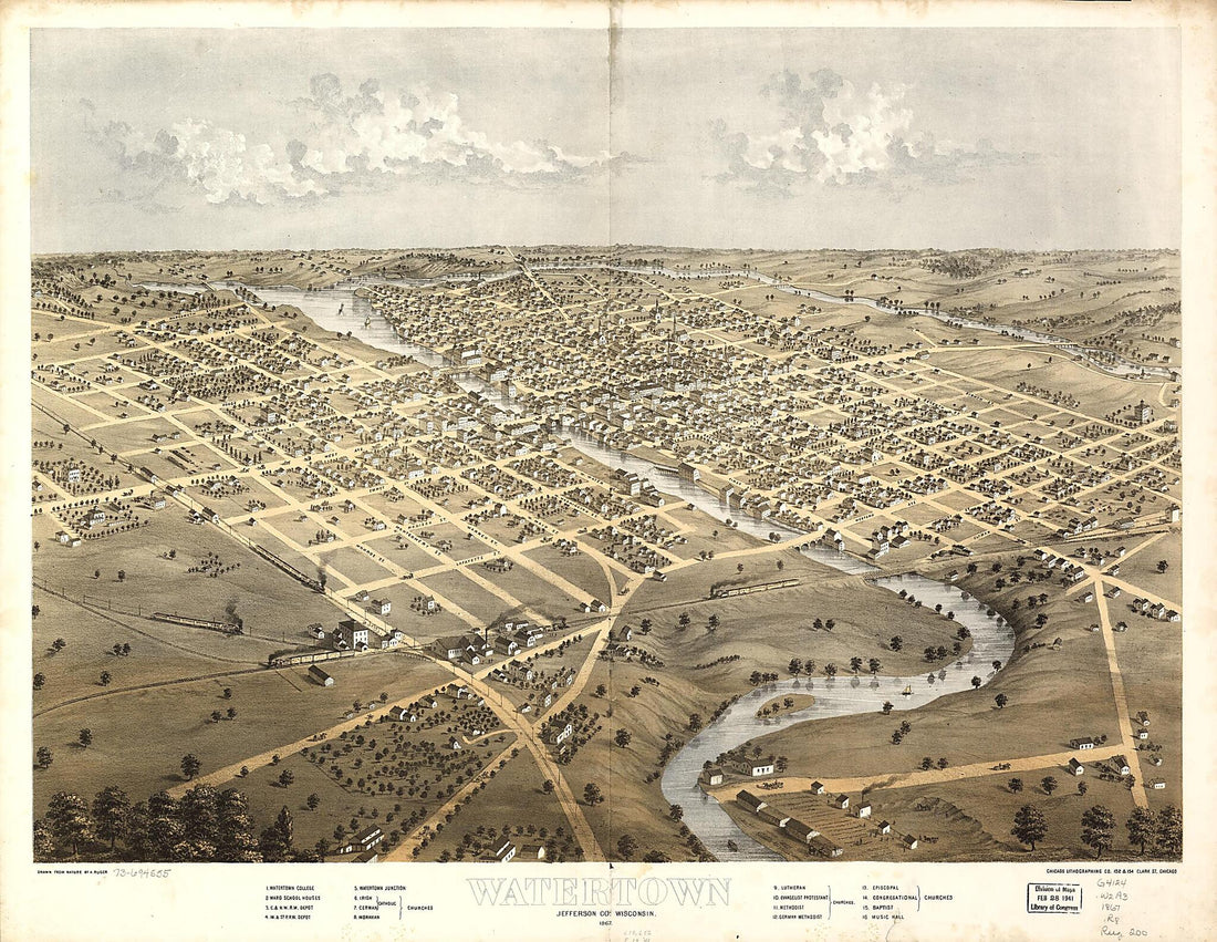 This old map of Watertown, Jefferson County, Wisconsin from 1867 was created by  Chicago Lithographing Co, A. Ruger in 1867