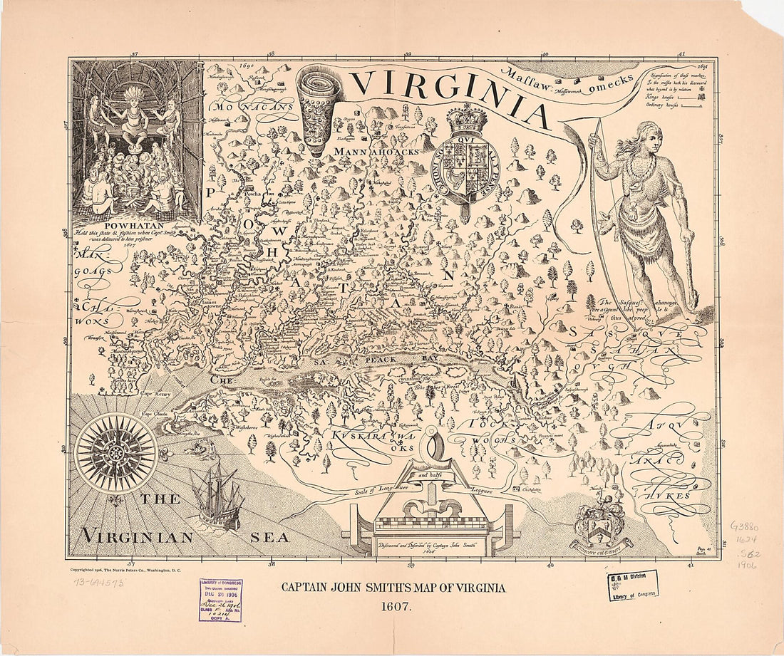 This old map of Virginia from 1906 was created by  Norris Peters Co, John Smith in 1906