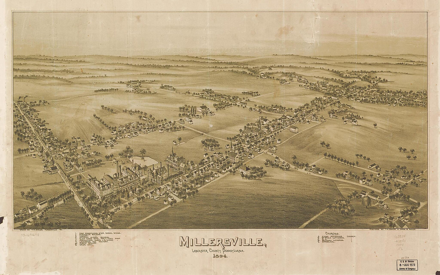 This old map of Millersville, Lancaster County, Pennsylvania from 1894 was created by T. M. (Thaddeus Mortimer) Fowler, James B. Moyer in 1894