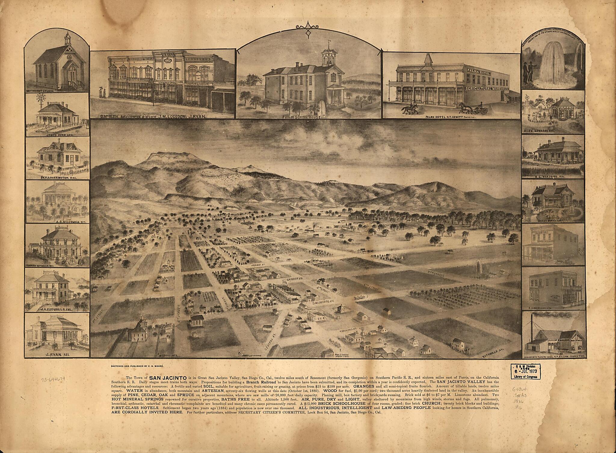 This old map of The Town of San Jacinto Is In Great San Jacinto Valley, San Diego County,California, Twelve Miles South of Beaumont (formerly San Gorgonio) On Southern Pacific Railroad, and Sixteen Miles East of Perris, On the California Southern R.R fro