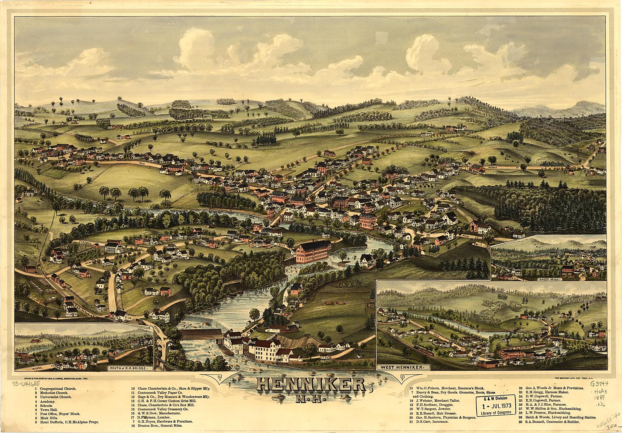 This old map of Henniker, New Hampshire from 1889 was created by  Burleigh Litho, George E. Norris in 1889