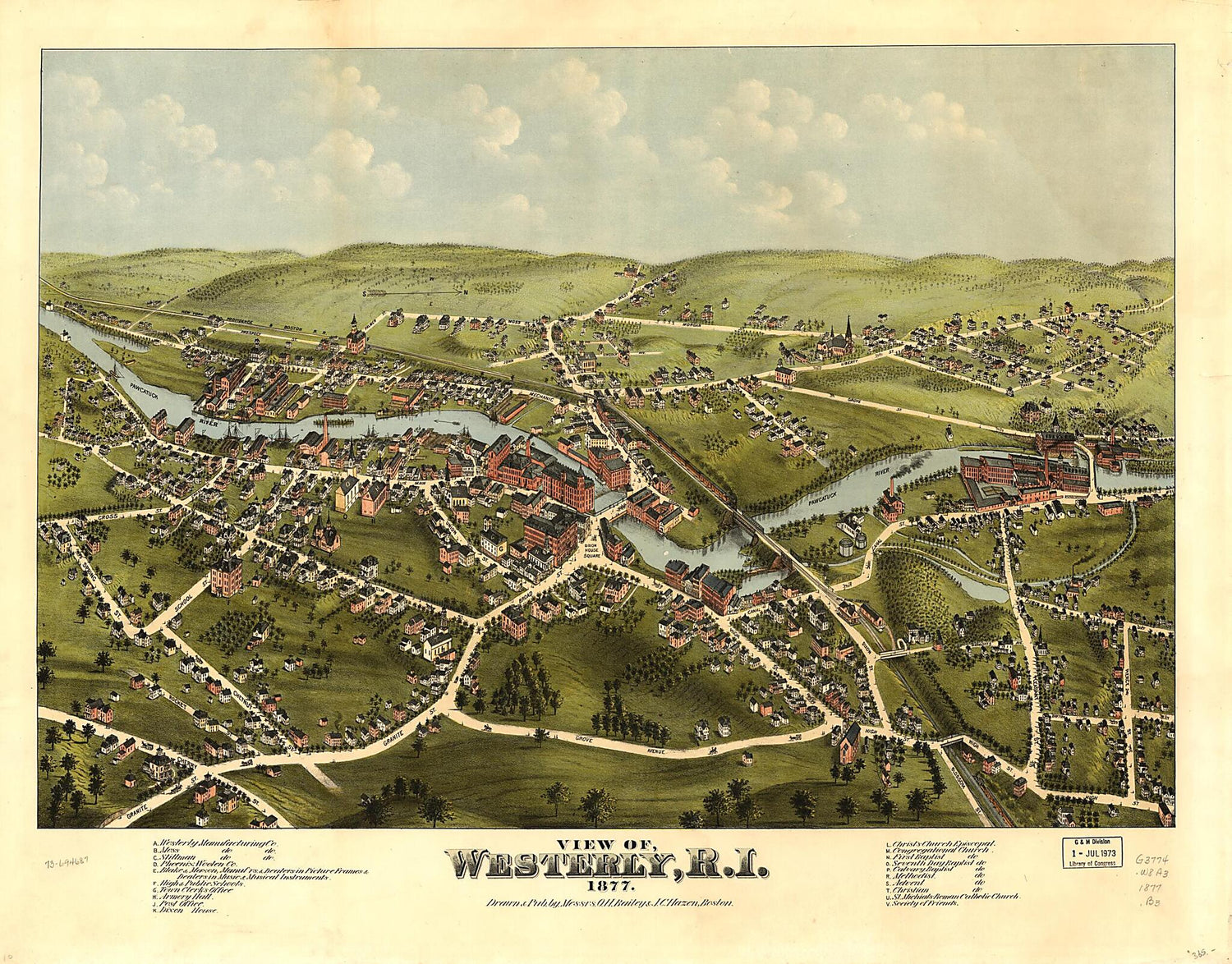 This old map of View of Westerly, Rhode Island. from 1877 was created by O. H. (Oakley Hoopes) Bailey, J. C. Hazen in 1877