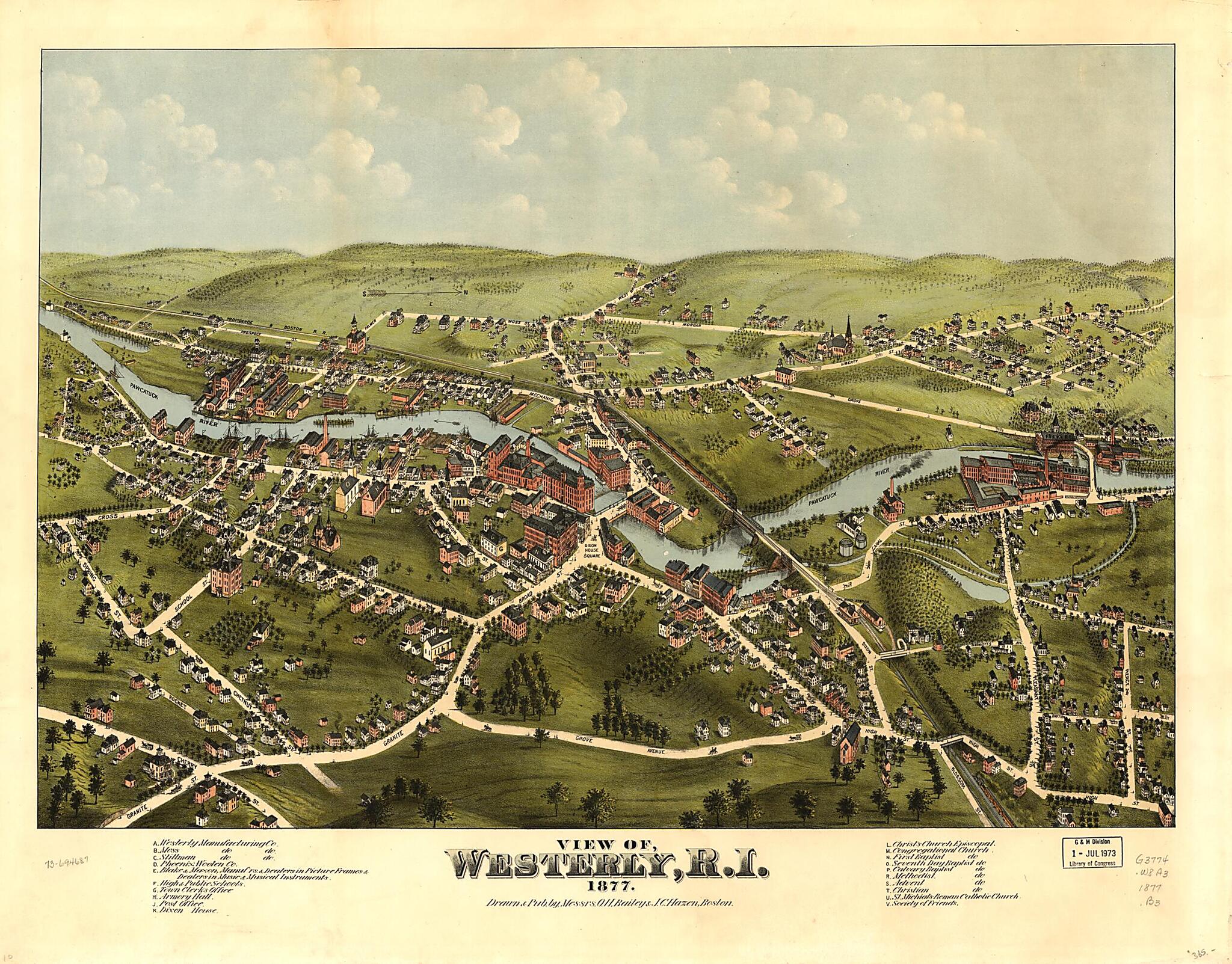 This old map of View of Westerly, Rhode Island. from 1877 was created by O. H. (Oakley Hoopes) Bailey, J. C. Hazen in 1877