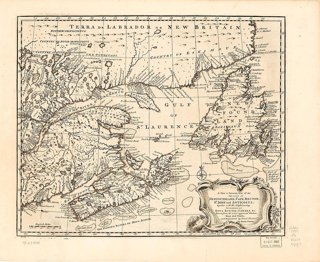 This old map of A New &amp; Accurate Map of the Islands of Newfoundland, Cape Breton, St. John and Anticosta; Together With the Neighbouring Countries of Nova Scotia, Canada, &amp;c from 1752 was created by Emanuel Bowen in 1752