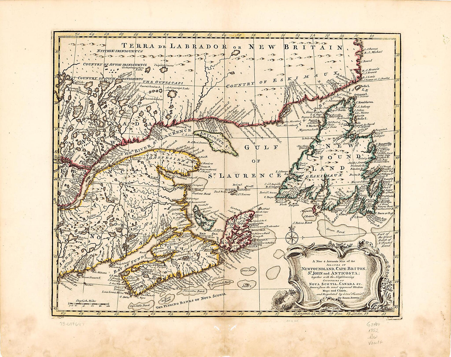 This old map of A New &amp; Accurate Map of the Islands of Newfoundland, Cape Breton, St. John and Anticosta; Together With the Neighbouring Countries of Nova Scotia, Canada, &amp;c from 1752 was created by Emanuel Bowen in 1752