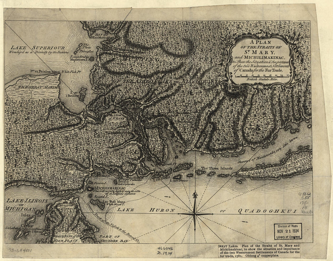 This old map of A Plan of the Straits of St. Mary, and Michilimakinac, to Shew the Situation &amp; Importance of the Two Westernmost Settlements of Canada for the Fur Trade from 1750 was created by  in 1750