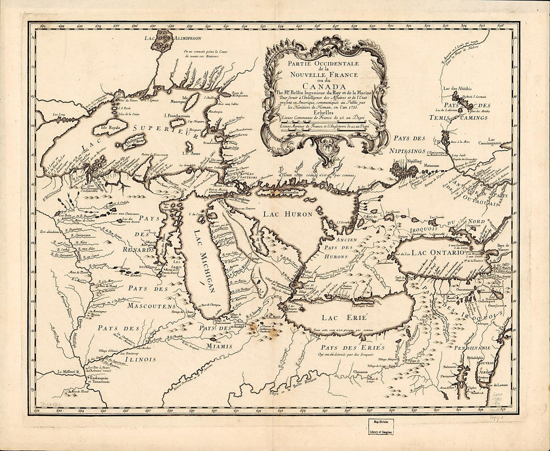 This old map of Partie Occidentale De La Nouvelle France Ou Du Canada from 1755 was created by Jacques Nicolas Bellin,  Homann Erben (Firm) in 1755