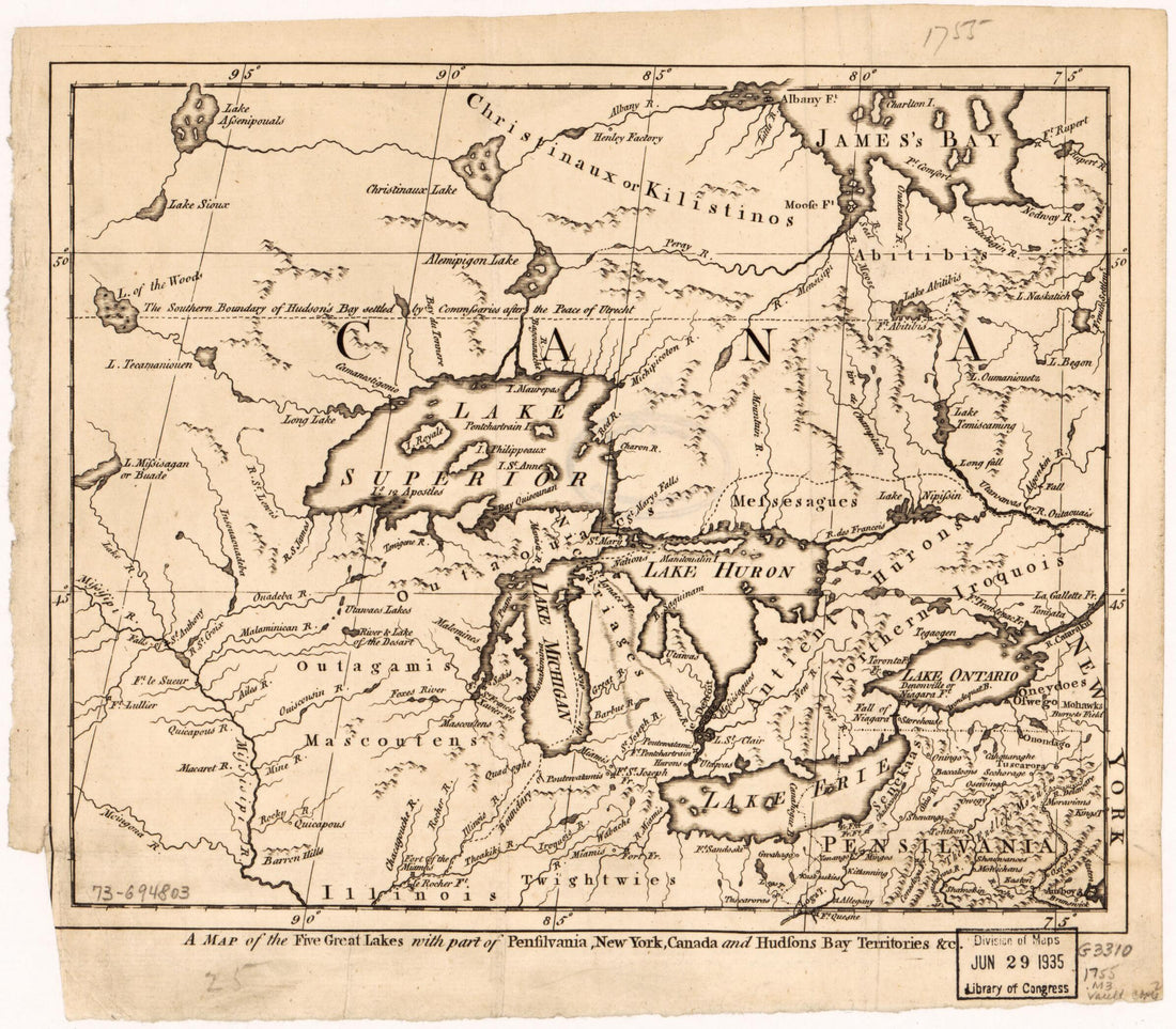 This old map of A Map of the Five Great Lakes With Part of Pensilvania, New York, Canada, and Hudsons Bay Territories &amp;c from 1755 was created by  in 1755