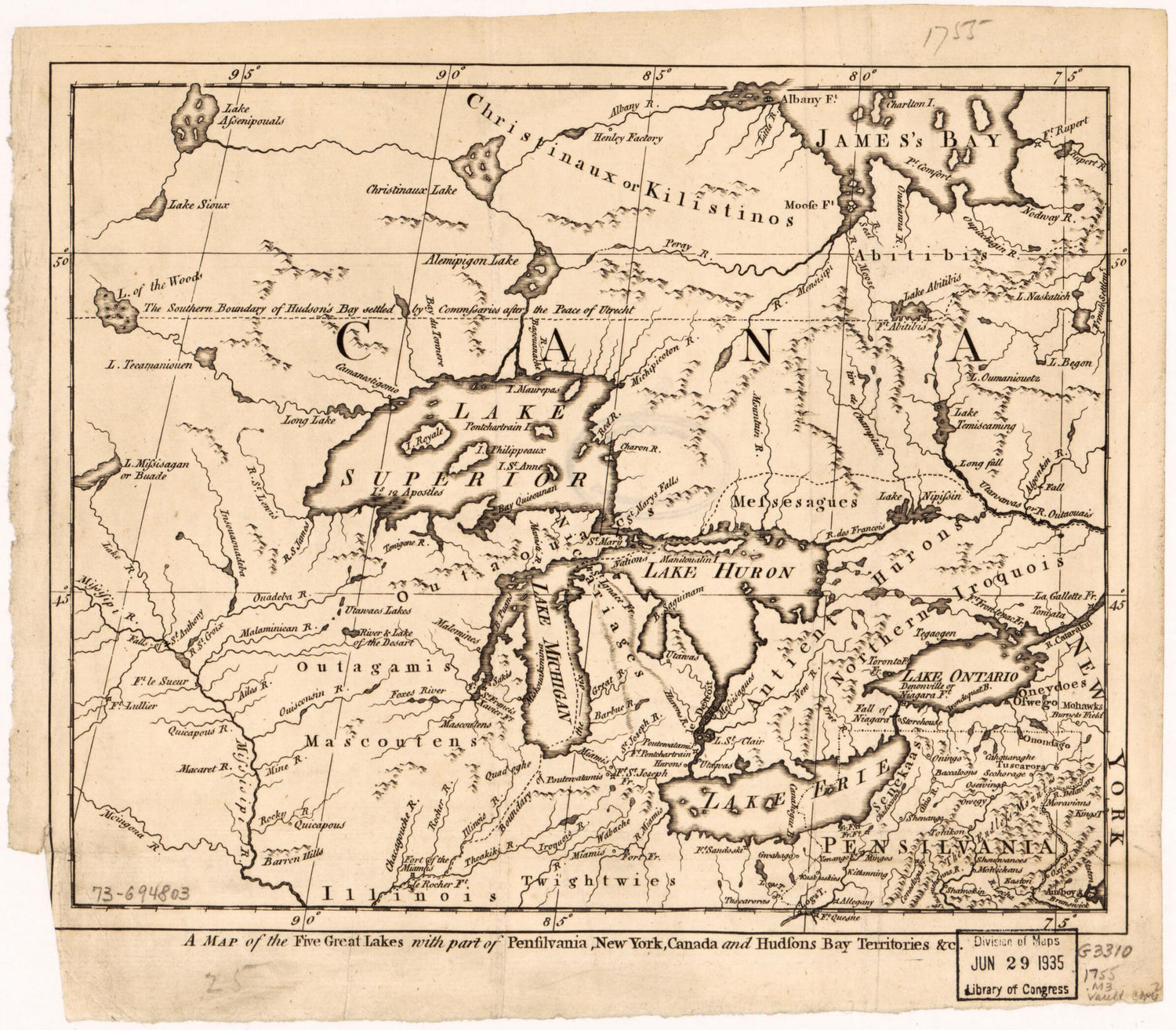 This old map of A Map of the Five Great Lakes With Part of Pensilvania, New York, Canada, and Hudsons Bay Territories &amp;c from 1755 was created by  in 1755
