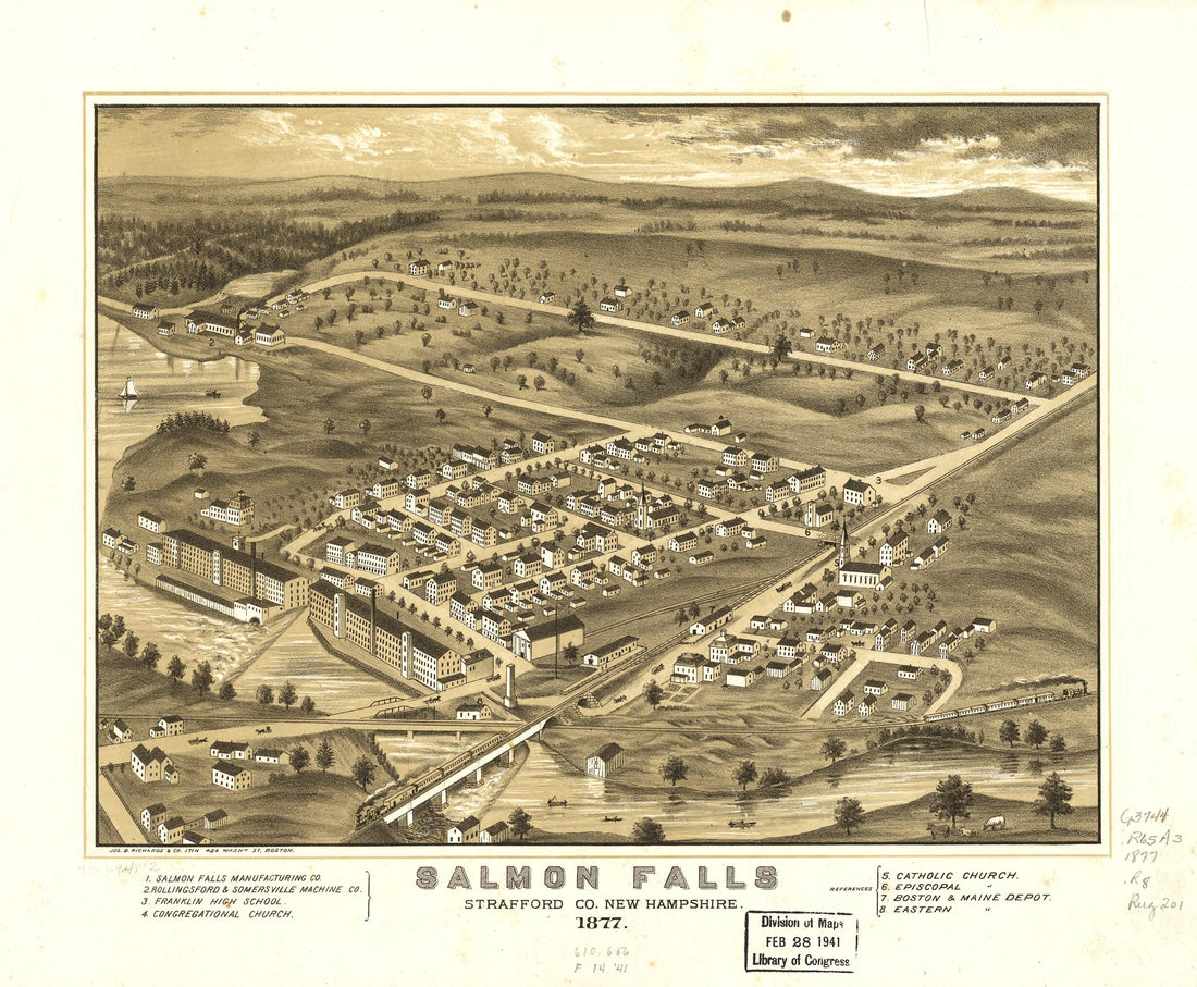 This old map of Salmon Falls, Strafford County, New Hampshire from 1877 was created by  Jos. B. Richards &amp; Co. Lith, A. Ruger in 1877