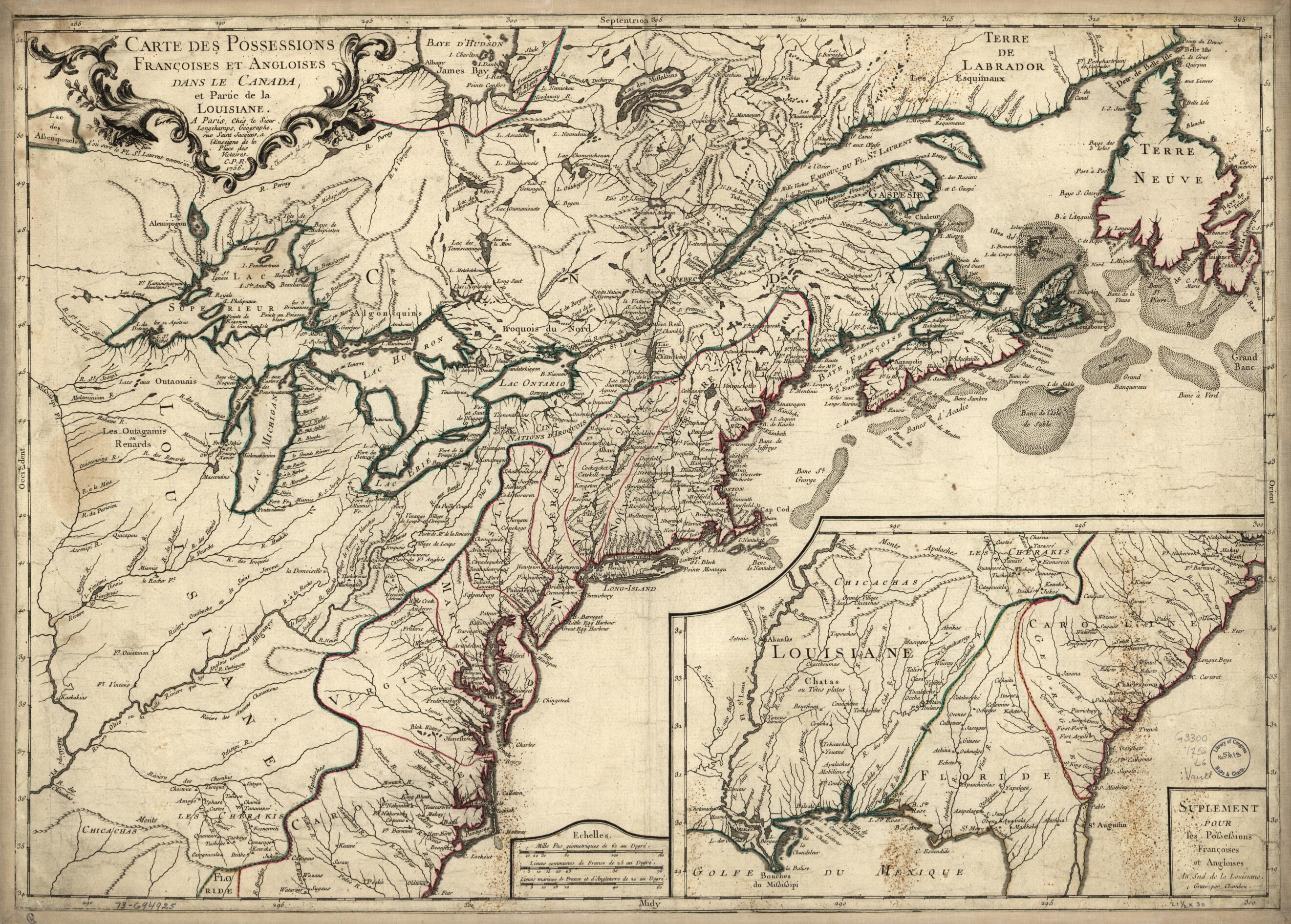 This old map of Carte Des Possessions Françoises Et Angloises Dans Le Canada, Et Partie De La Louisiane, 1756 from 1769 was created by  Longchamps, L. Thevenard in 1769