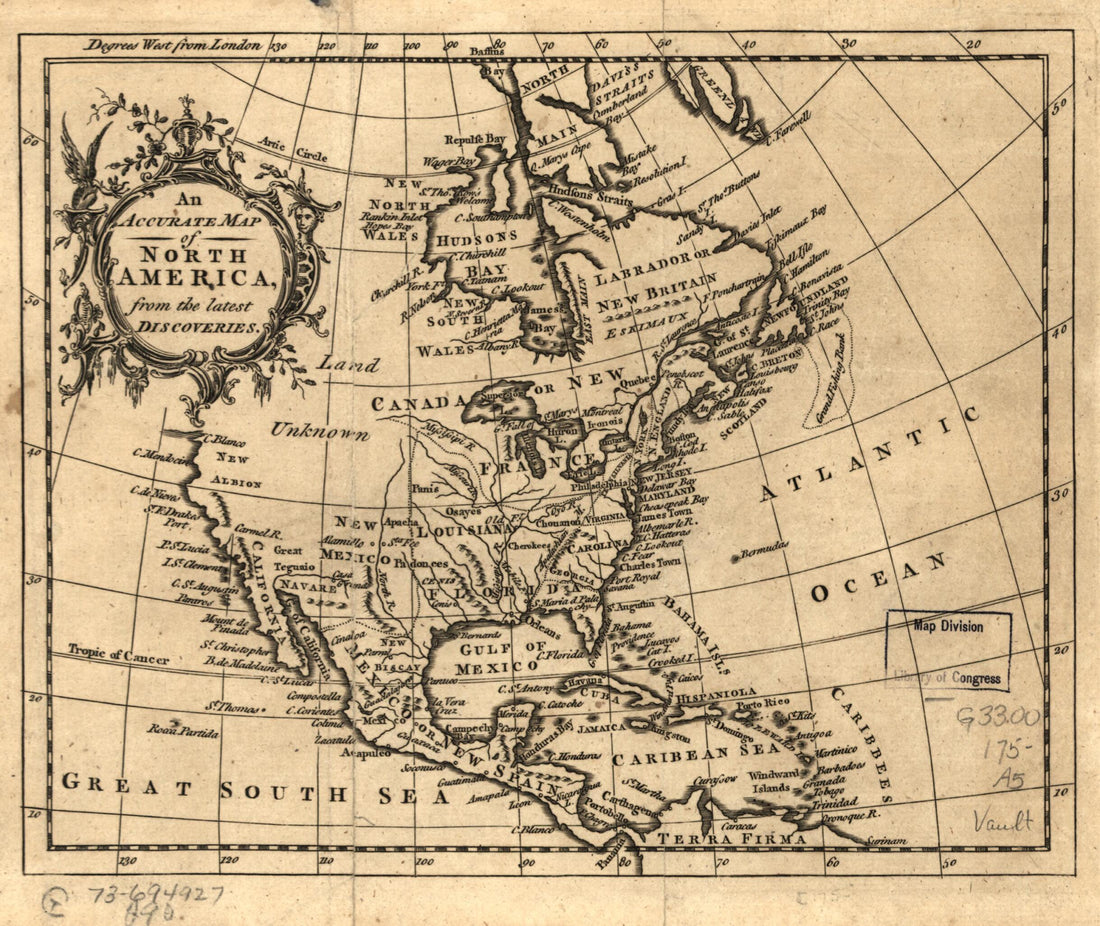 This old map of An Accurate Map of North America from the Latest Discoveries from 1750 was created by  in 1750