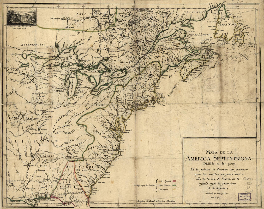 This old map of Mapa De La America Septentrional Dividido En Dos Partes. En La Primera Se Descriven Sus Provincias Segun Los Derechos Que Piensa Tener a Ellas La Corona De Francia: En La Segunda, Segun Las Pretensiones De La Inglaterra from 1755 was crea