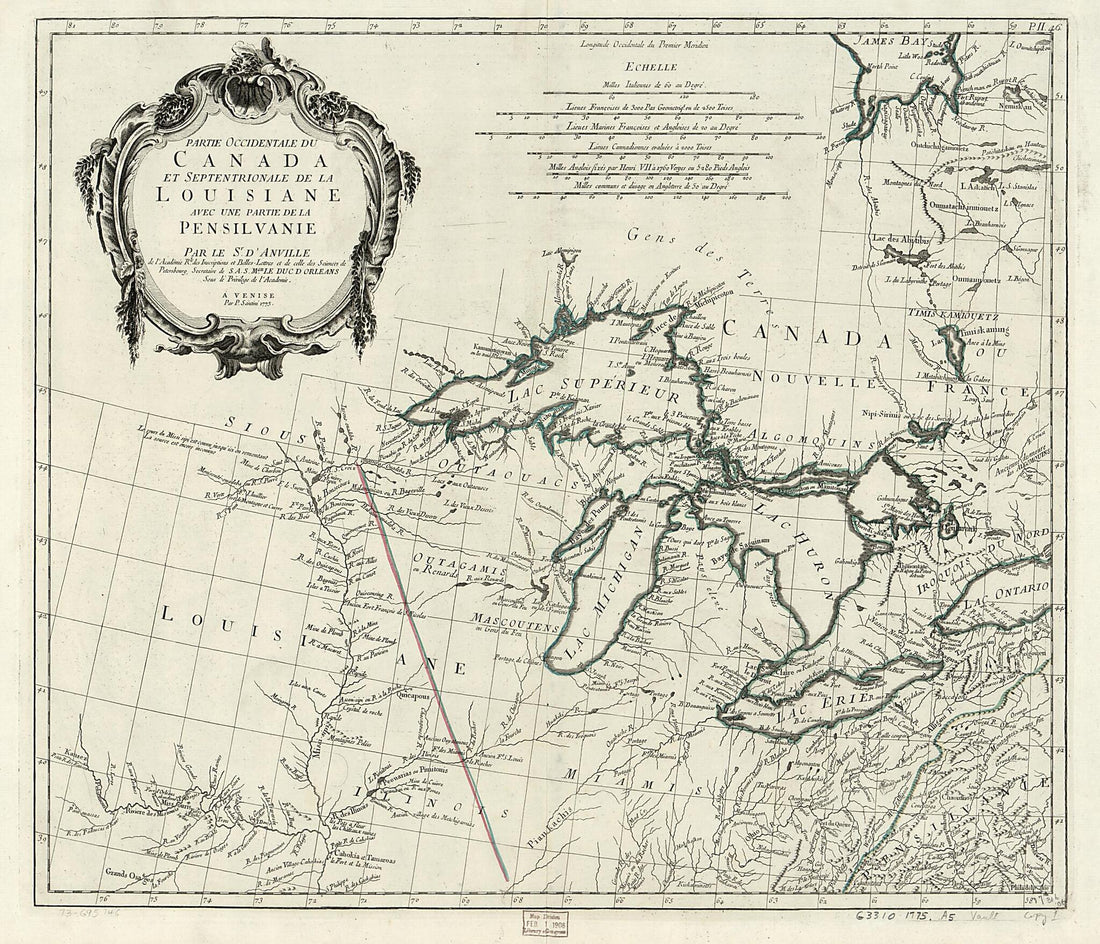 This old map of Partie Occidentale Du Canada Et Septentrionale De La Louisiane Avec Une Partie De La Pensilvanie from 1784 was created by Jean Baptiste Bourguignon D Anville,  Remondini (Firm), P. Santini in 1784