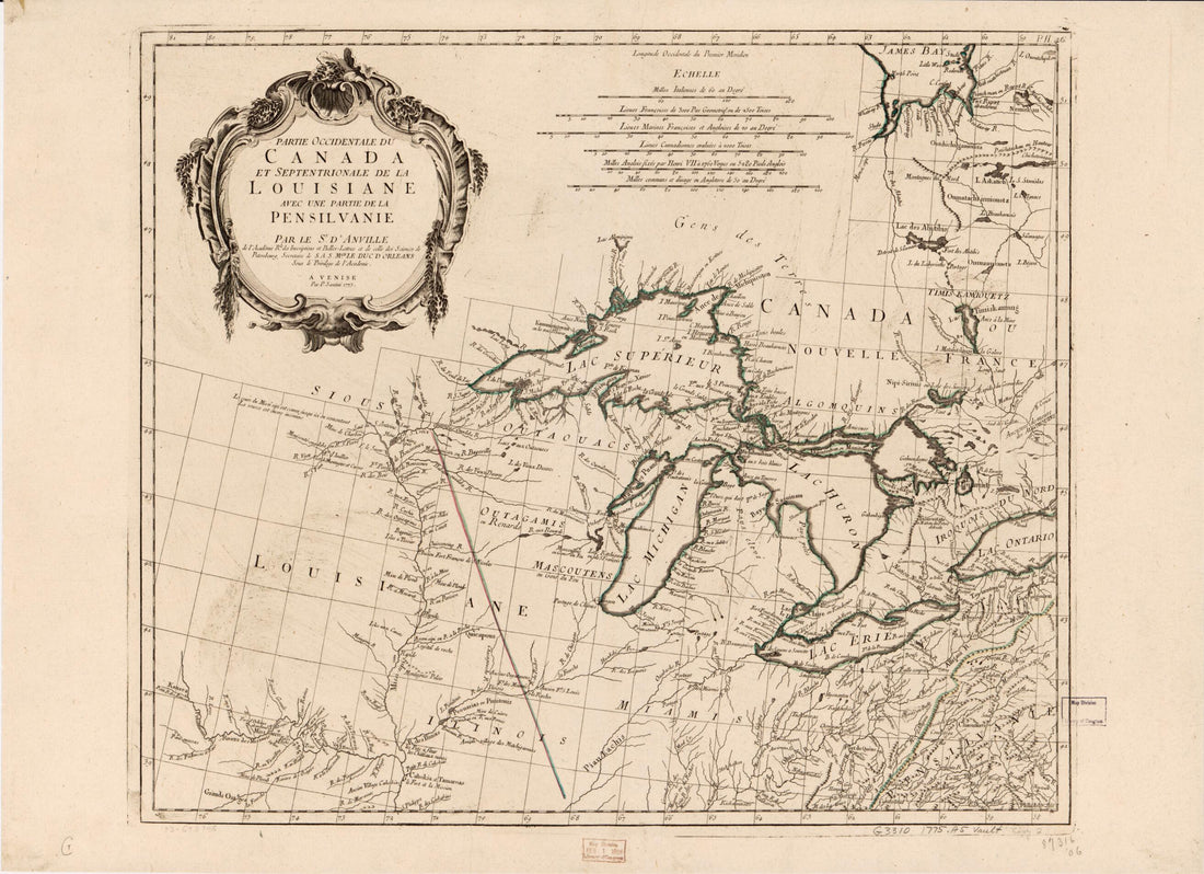 This old map of Partie Occidentale Du Canada Et Septentrionale De La Louisiane Avec Une Partie De La Pensilvanie from 1775 was created by Jean Baptiste Bourguignon D Anville, P. Santini in 1775